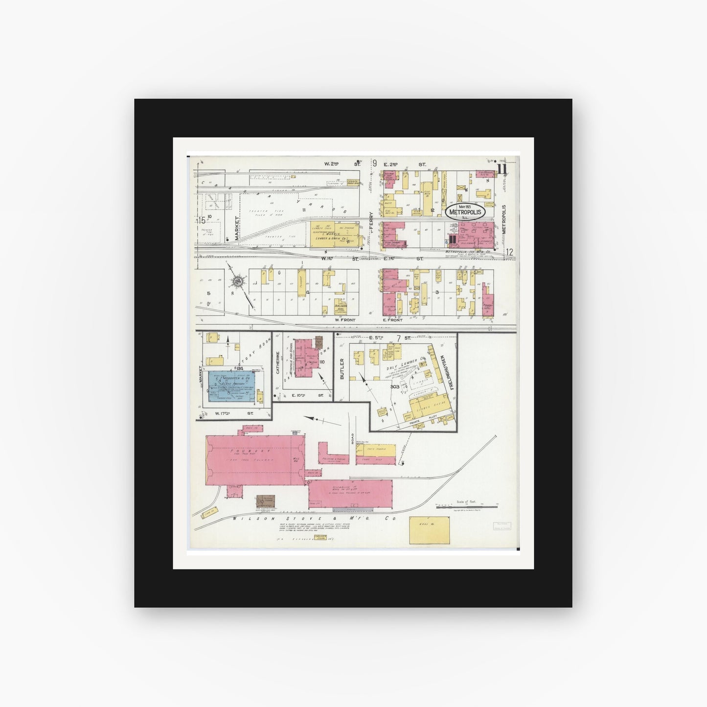 Old map wall art mockup — black gallery frame with white mat — Sanborn Fire Insurance Map from Metropolis, Massac County, Illinois (1921), Sheet #0011