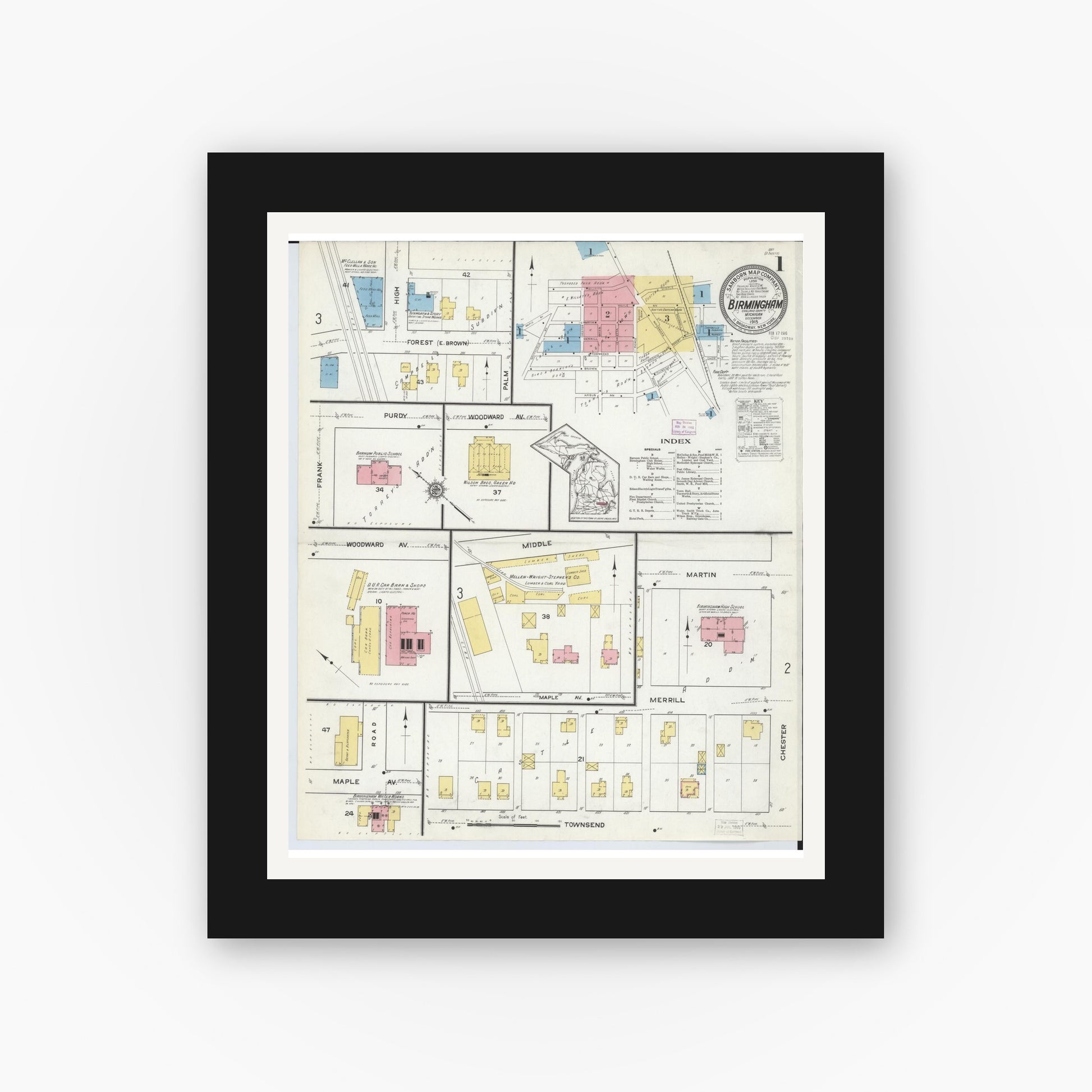 Old map wall art mockup — black gallery frame with white mat — Sanborn Fire Insurance Map from Birmingham, Oakland County, Michigan (1915), Sheet #0001