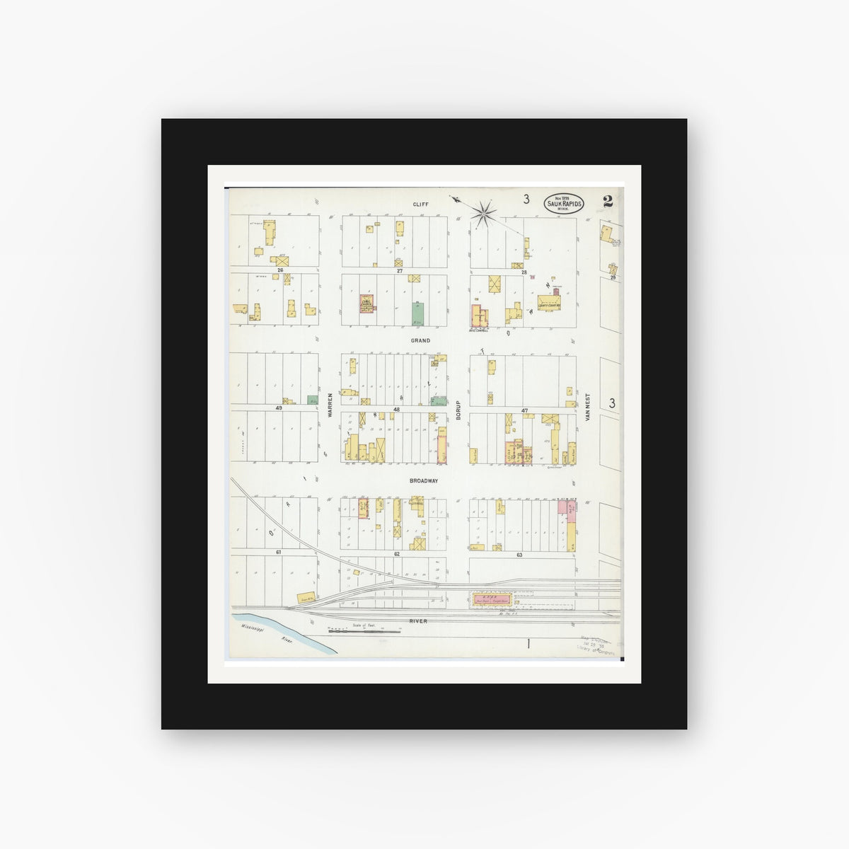 Old map wall art mockup — black gallery frame with white mat — Sanborn Fire Insurance Map from Sauk Rapids, Benton County, Minnesota (1899), Sheet #0002