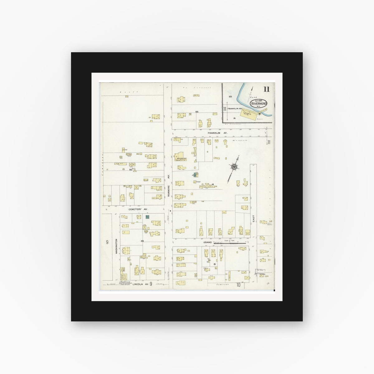 Old map wall art mockup — black gallery frame with white mat — Sanborn Fire Insurance Map from Riverhead, Suffolk County, New York (1909), Sheet #0011