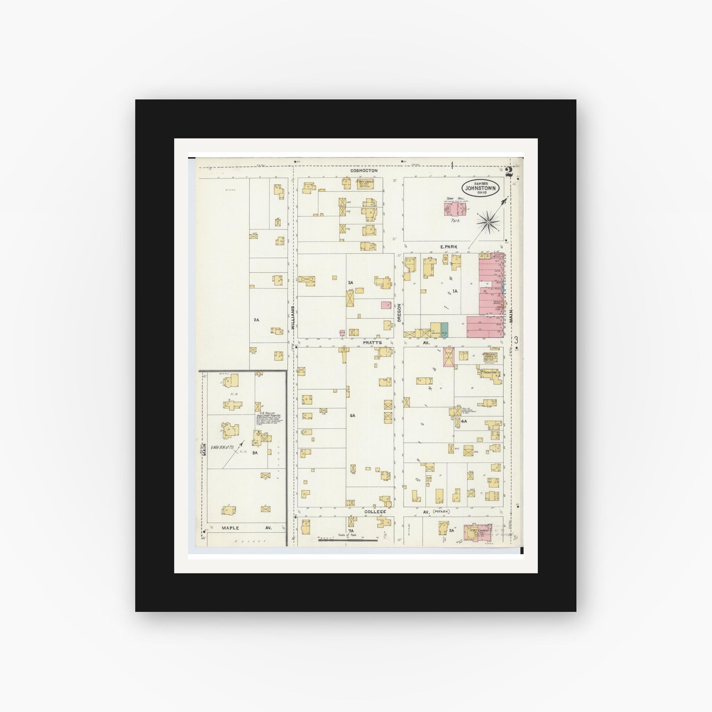 Old map wall art mockup — black gallery frame with white mat — Sanborn Fire Insurance Map from Johnstown, Licking County, Ohio (1905), Sheet #0002
