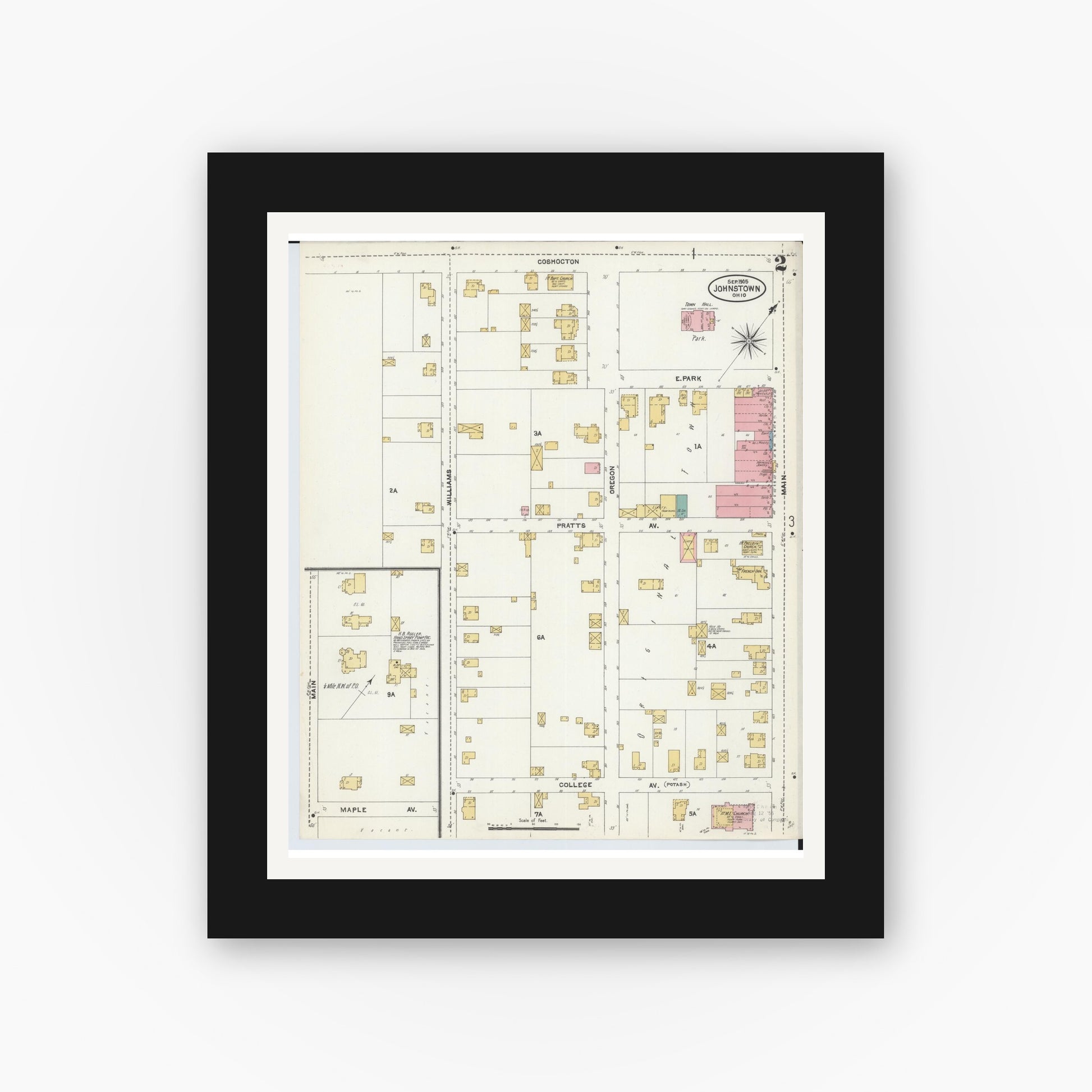 Old map wall art mockup — black gallery frame with white mat — Sanborn Fire Insurance Map from Johnstown, Licking County, Ohio (1905), Sheet #0002