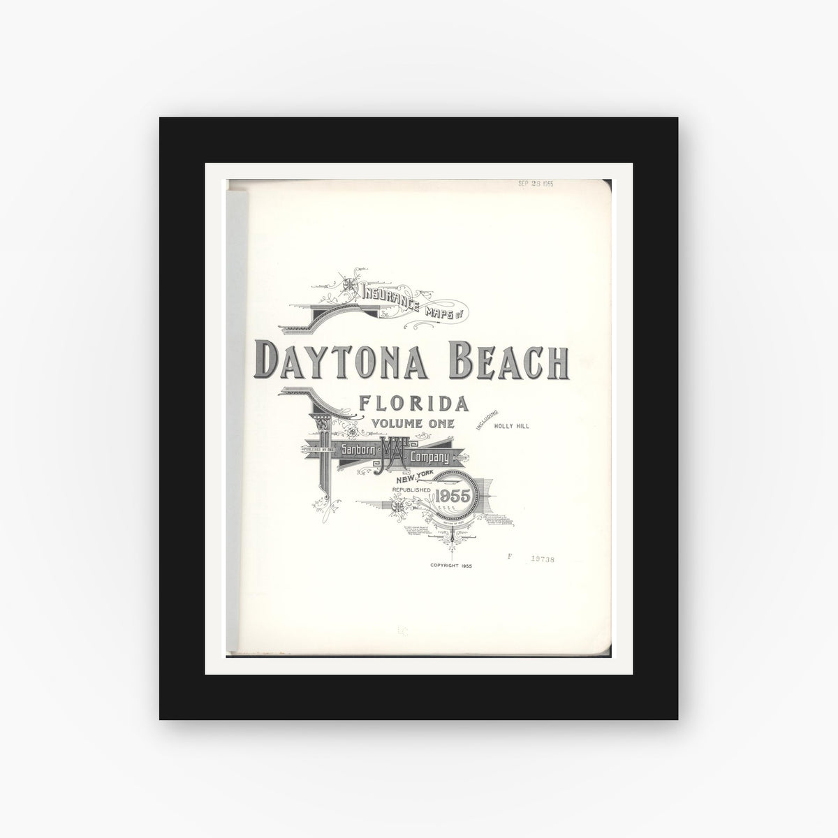 Old map wall art mockup — black gallery frame with white mat — Sanborn Fire Insurance Map from Daytona, Volusia County, Florida (1955), Sheet #0001