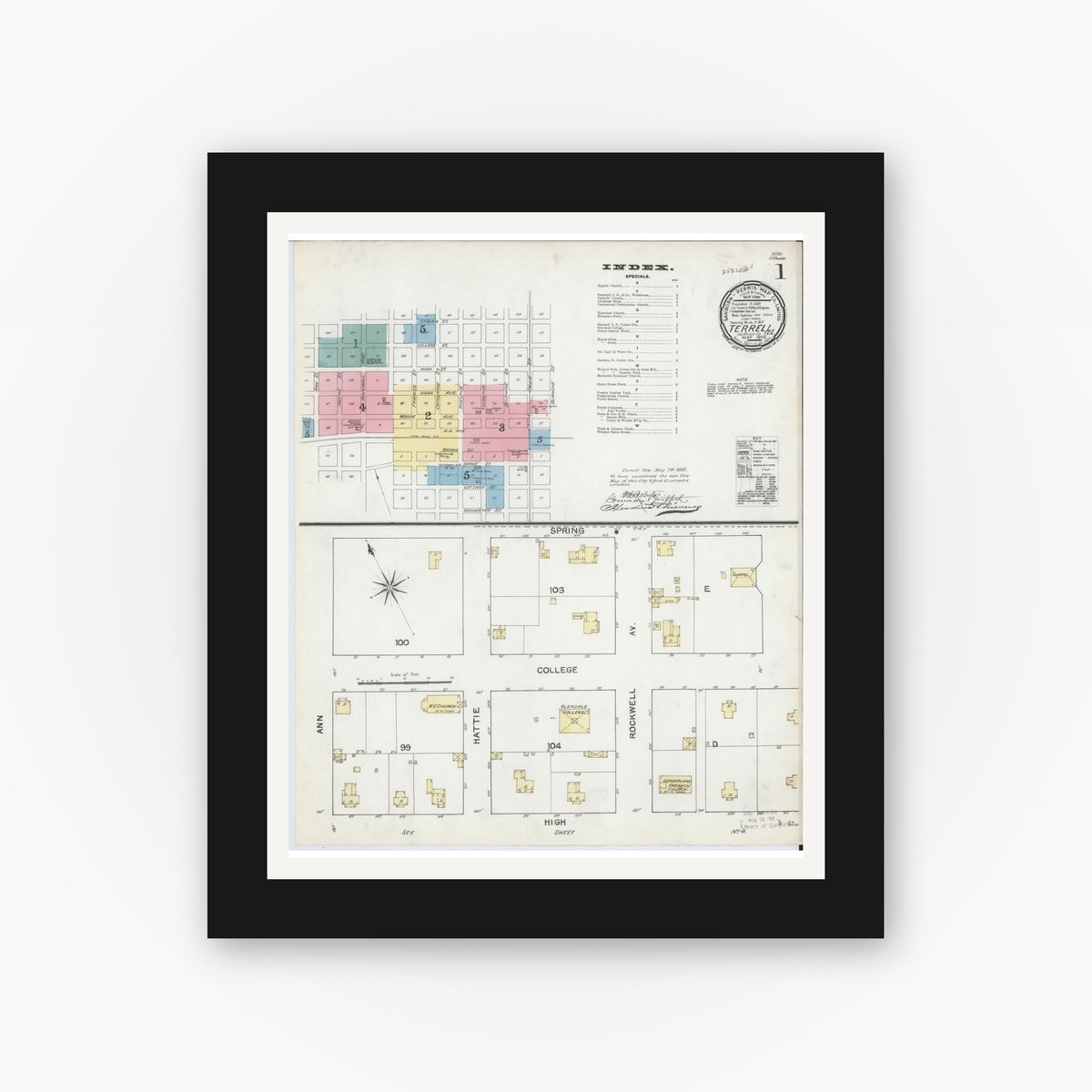 Old map wall art mockup — black gallery frame with white mat — Sanborn Fire Insurance Map from Terrell, Kaufman County, Texas (1892) - Complete Map Set