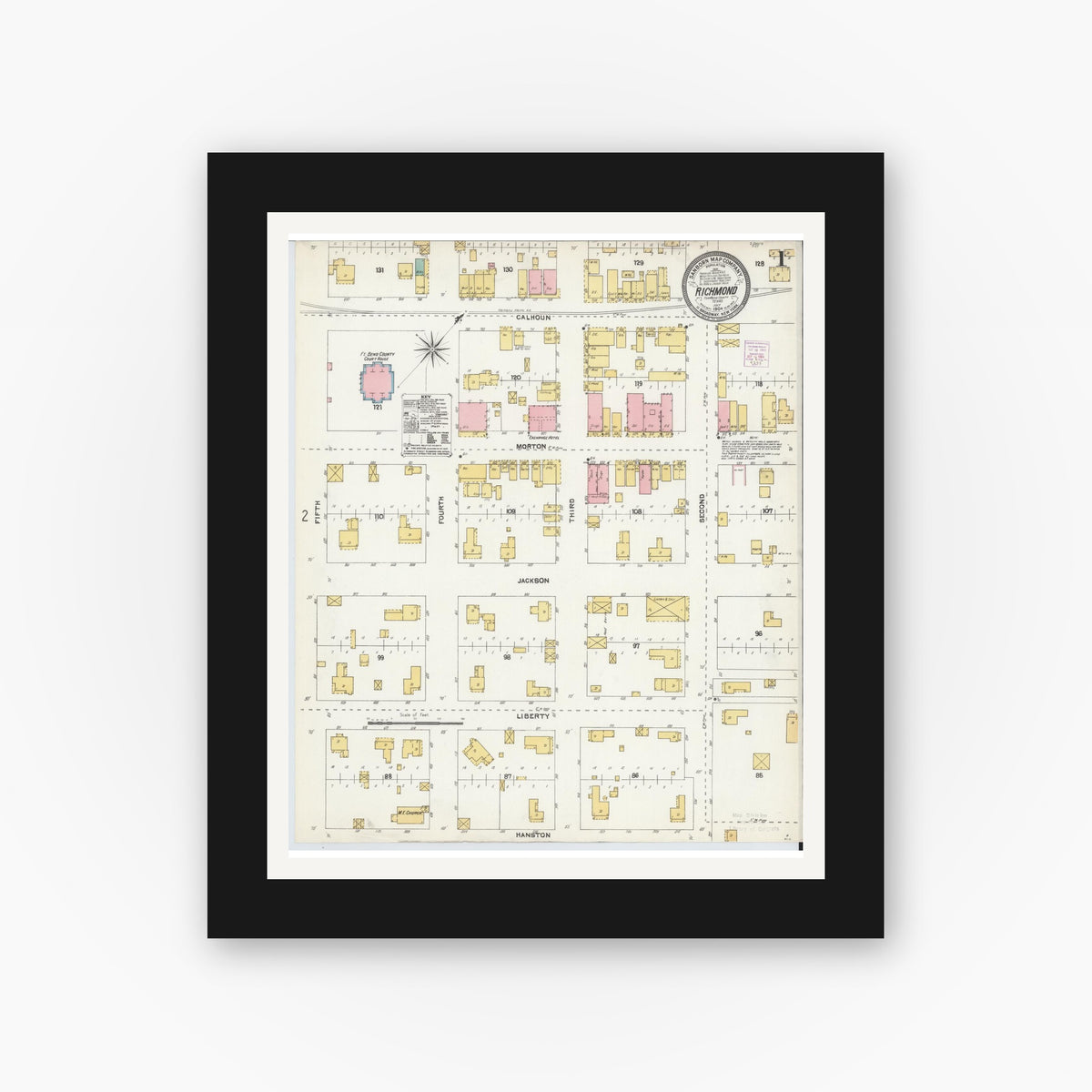 Old map wall art mockup — black gallery frame with white mat — Sanborn Fire Insurance Map from Richmond, Fort Bend County, Texas (1904) - Complete Map Set