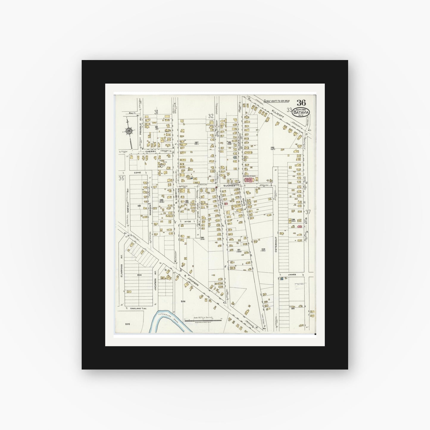 Old map wall art mockup — black gallery frame with white mat — Sanborn Fire Insurance Map from Batavia, Genesee County, New York (1919), Sheet #0036