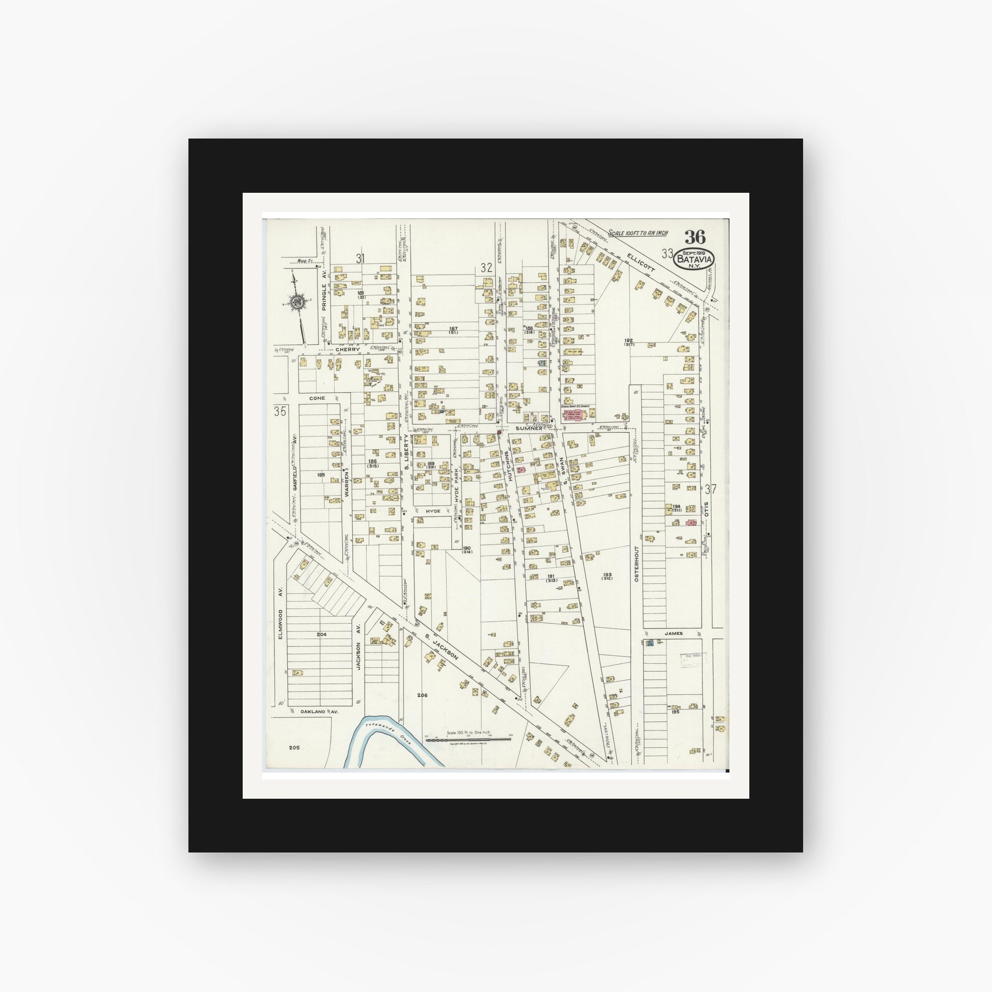 Old map wall art mockup — black gallery frame with white mat — Sanborn Fire Insurance Map from Batavia, Genesee County, New York (1919), Sheet #0036