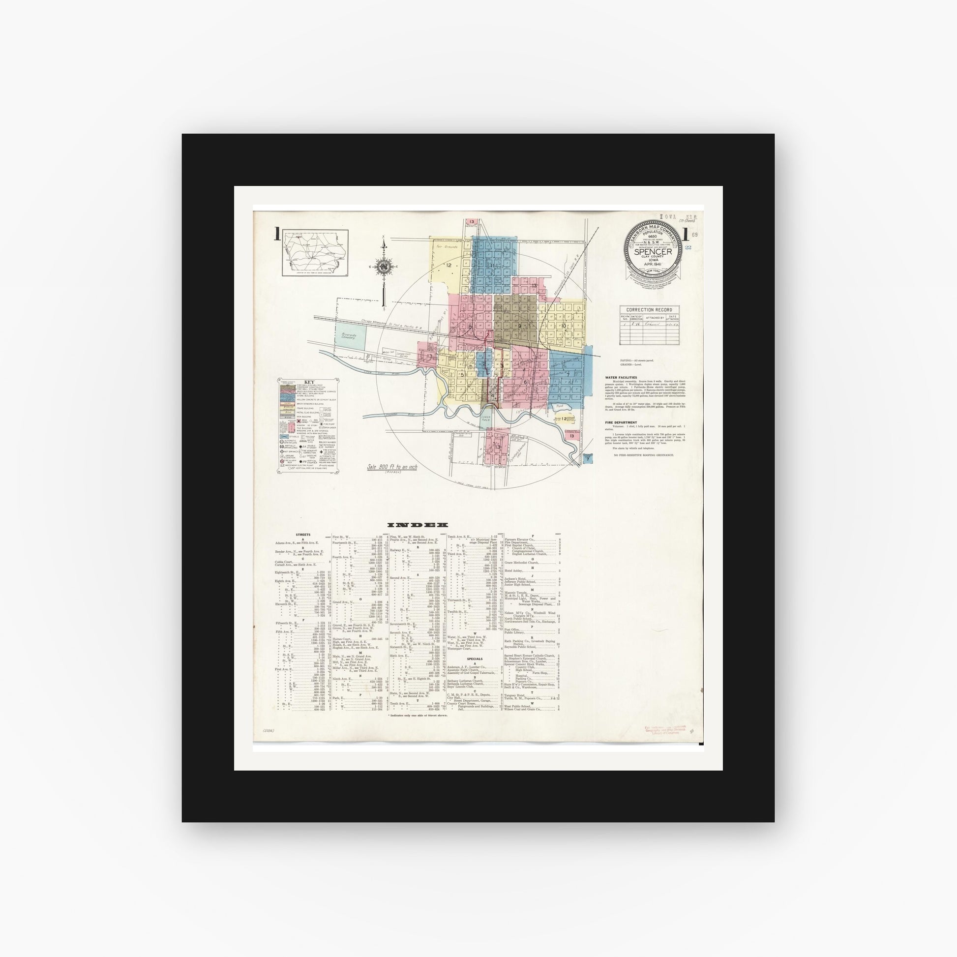 Old map wall art mockup — black gallery frame with white mat — Sanborn Fire Insurance Map from Spencer, Clay County, Iowa (1946) â€” Complete Set