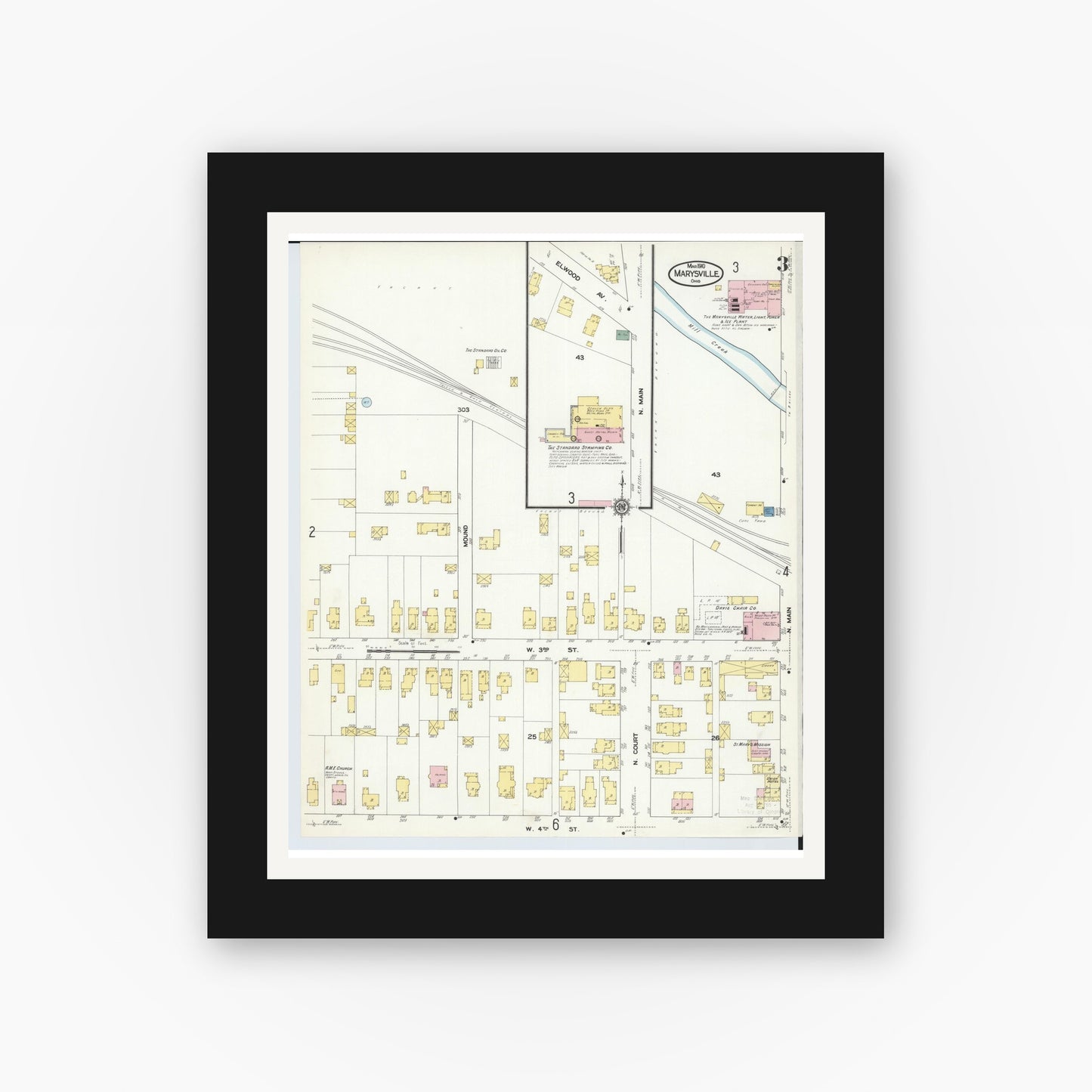 Old map wall art mockup — black gallery frame with white mat — Sanborn Fire Insurance Map from Marysville, Union County, Ohio (1910), Sheet #0003