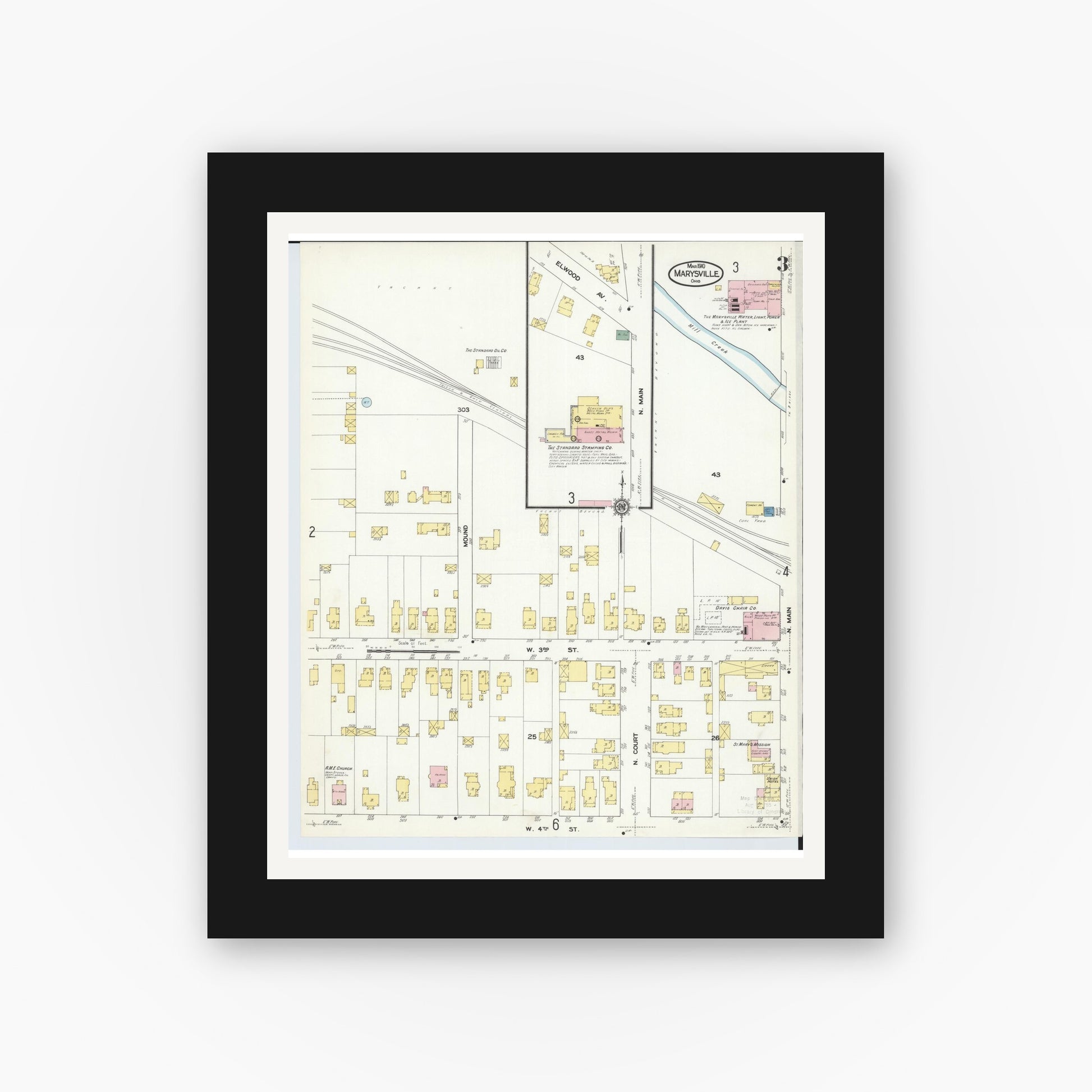 Old map wall art mockup — black gallery frame with white mat — Sanborn Fire Insurance Map from Marysville, Union County, Ohio (1910), Sheet #0003