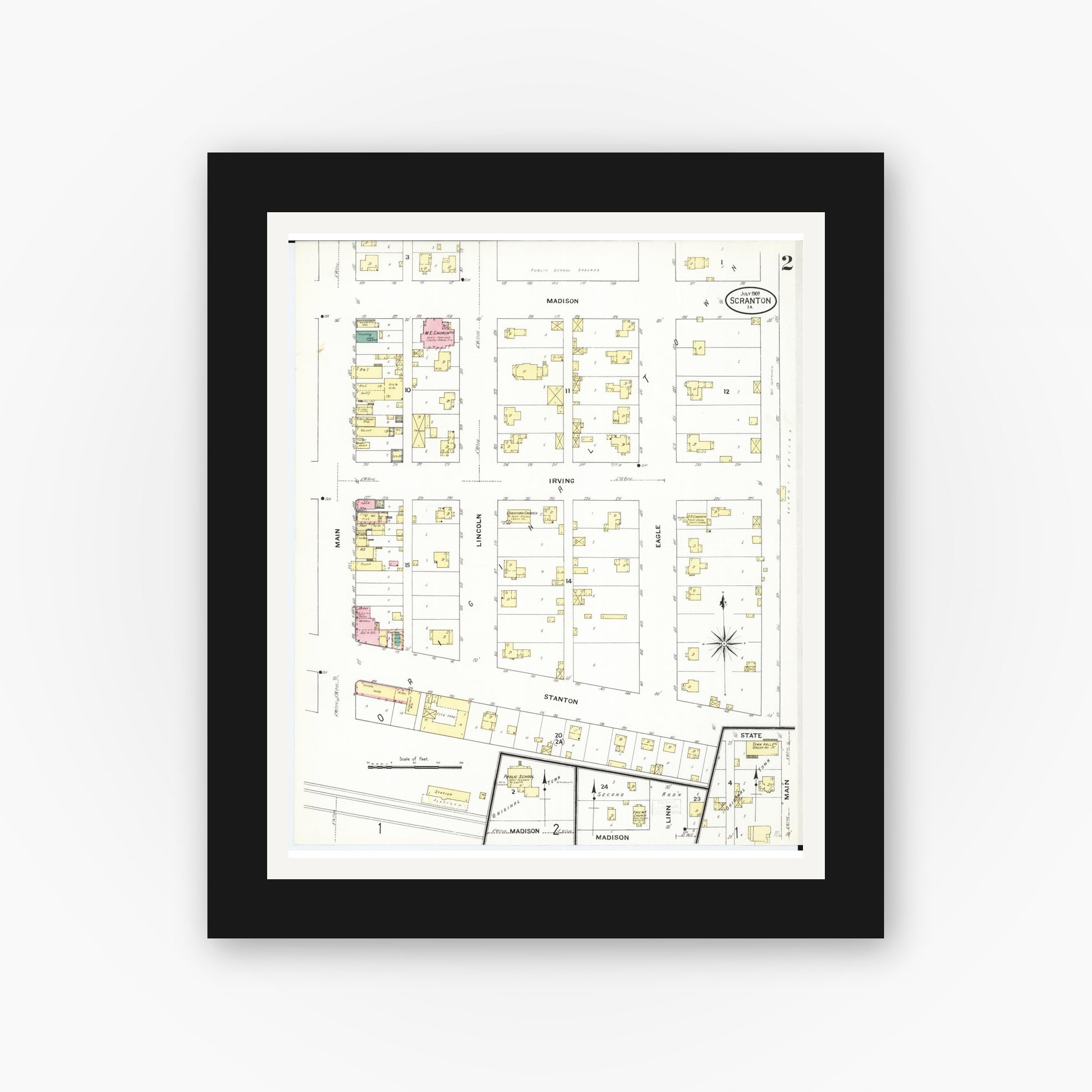 Old map wall art mockup — black gallery frame with white mat — Sanborn Fire Insurance Map from Scranton, Greene County, Iowa (1909), Sheet #0002
