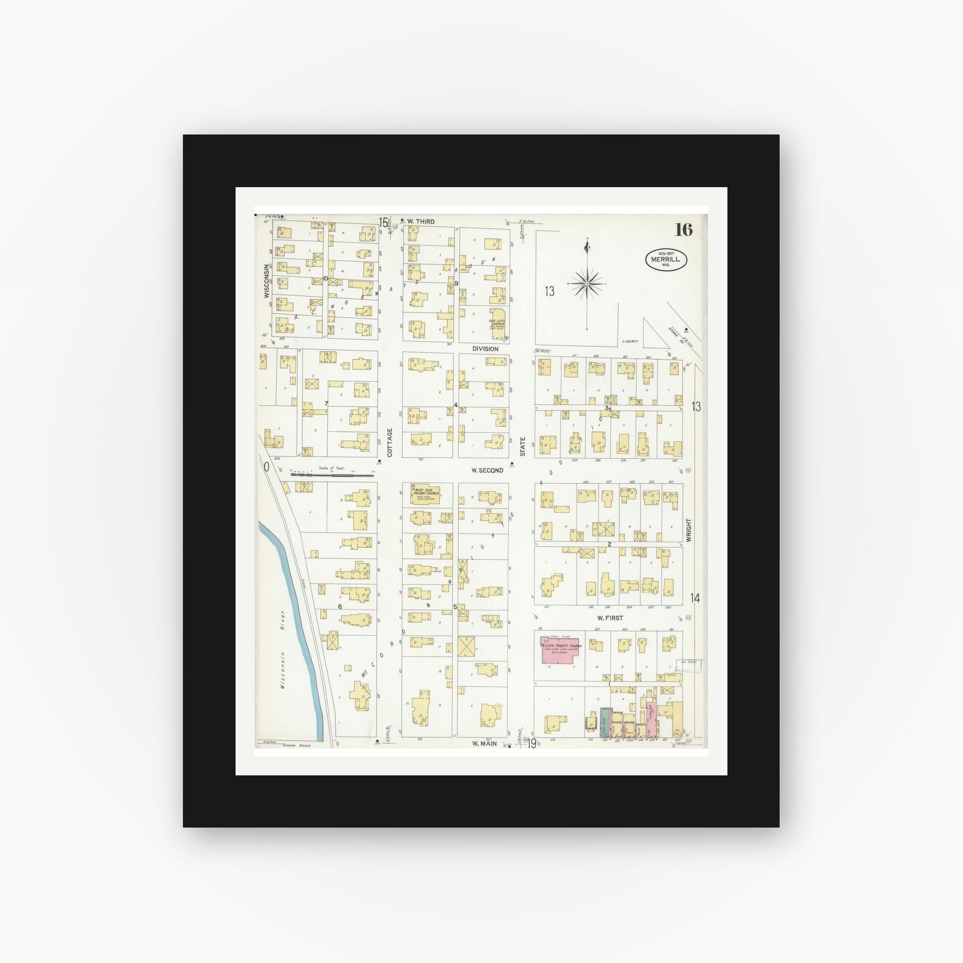 Old map wall art mockup — black gallery frame with white mat — Sanborn Fire Insurance Map from Merrill, Lincoln County, Wisconsin (1907), Sheet #0016