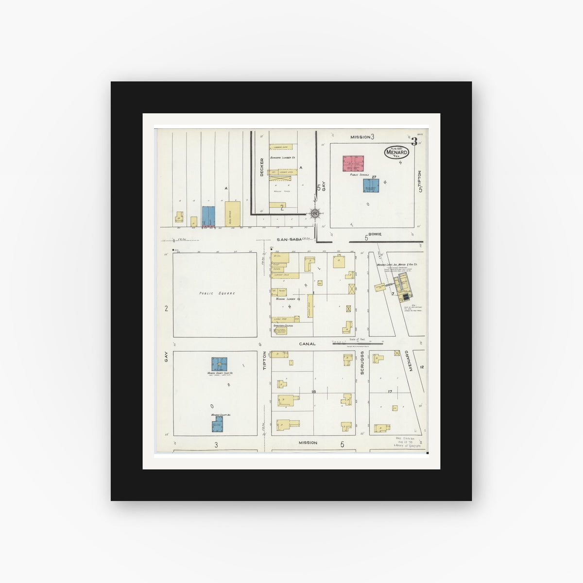 Old map wall art mockup — black gallery frame with white mat — Sanborn Fire Insurance Map from Menard, Menard County, Texas (1921), Sheet #0003