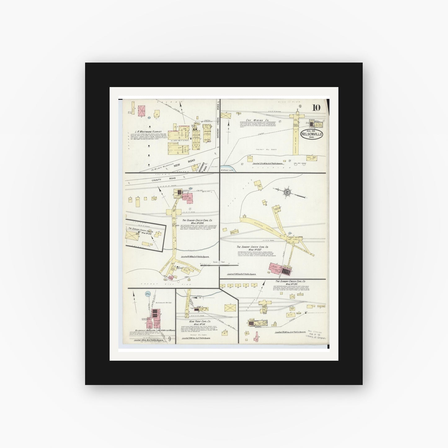 Old map wall art mockup — black gallery frame with white mat — Sanborn Fire Insurance Map from Nelsonville, Athens County, Ohio (1914), Sheet #0010