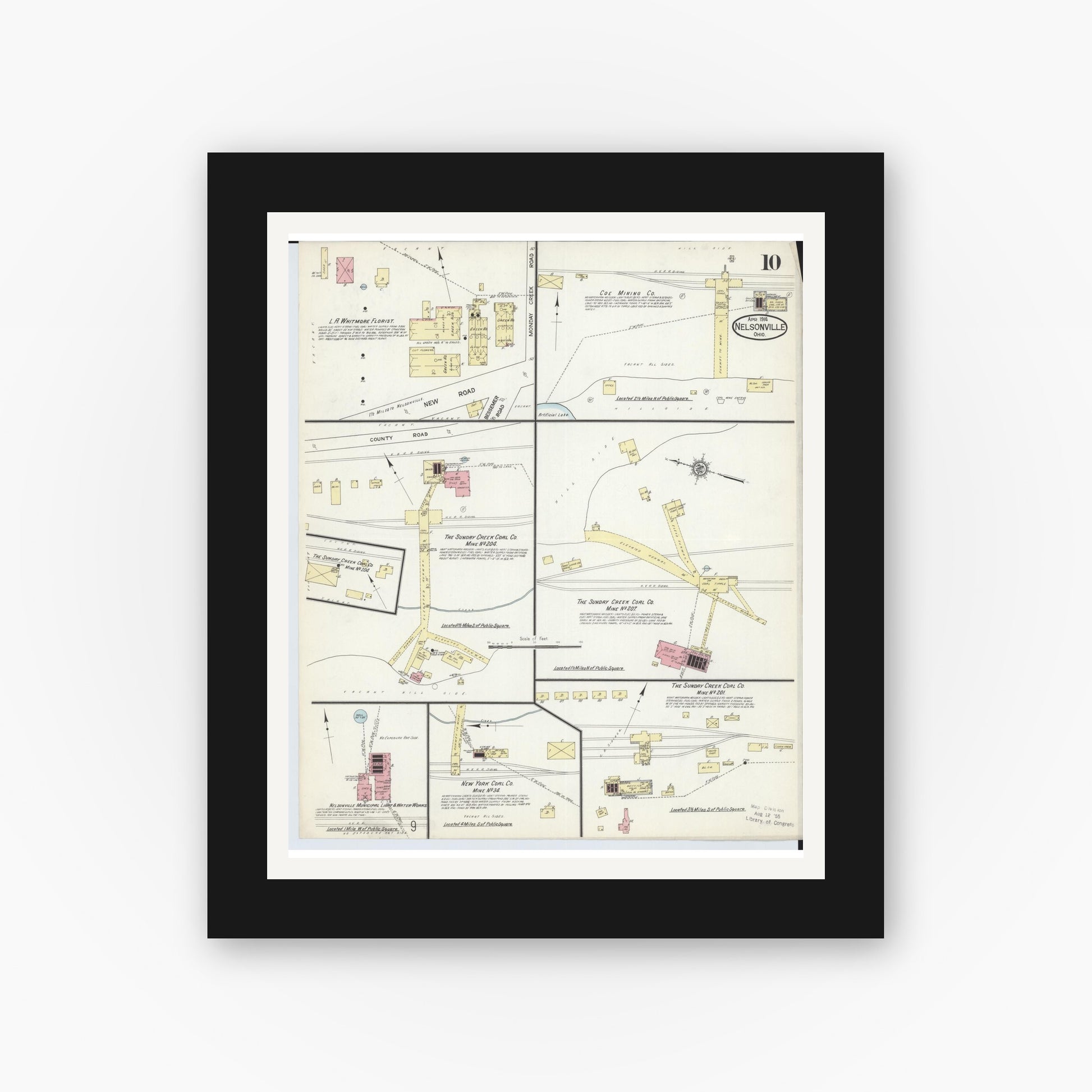 Old map wall art mockup — black gallery frame with white mat — Sanborn Fire Insurance Map from Nelsonville, Athens County, Ohio (1914), Sheet #0010