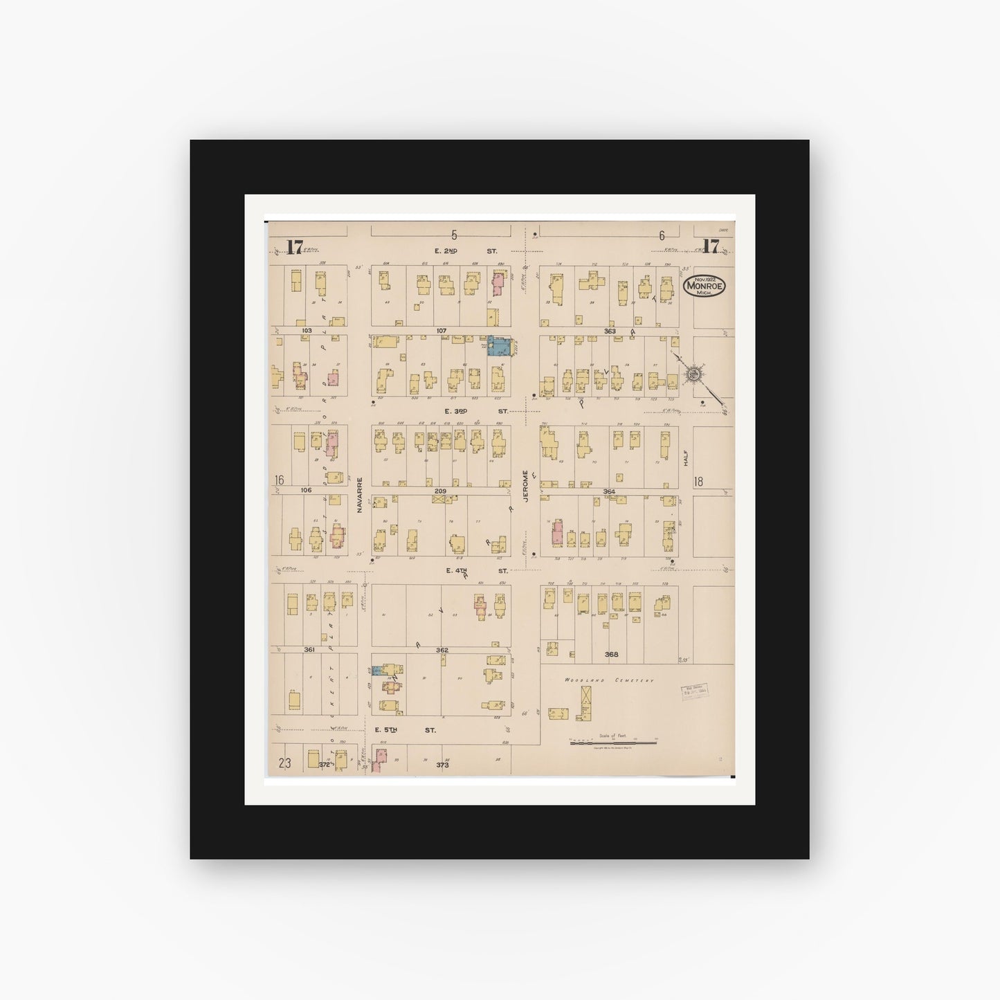 Old map wall art mockup — black gallery frame with white mat — Sanborn Fire Insurance Map from Monroe, Monroe County, Michigan (1922), Sheet #0017