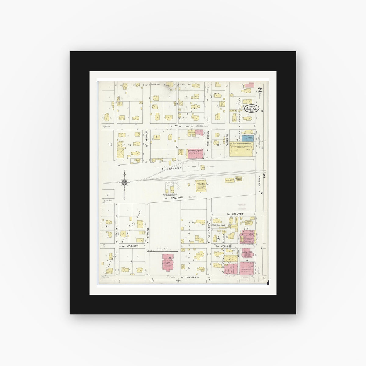 Old map wall art mockup — black gallery frame with white mat — Sanborn Fire Insurance Map from Marion, Williamson County, Illinois (1913), Sheet #0002