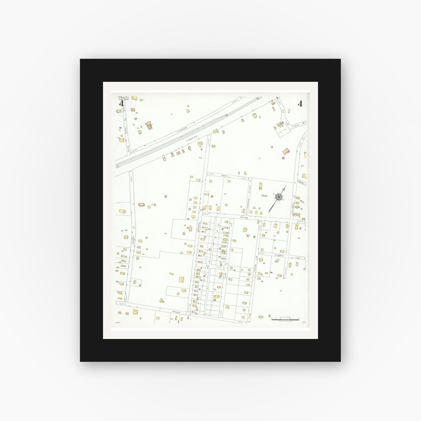 Old map wall art mockup — black gallery frame with white mat — Sanborn Fire Insurance Map from Arp, Smith County, Texas (1939), Sheet #0004