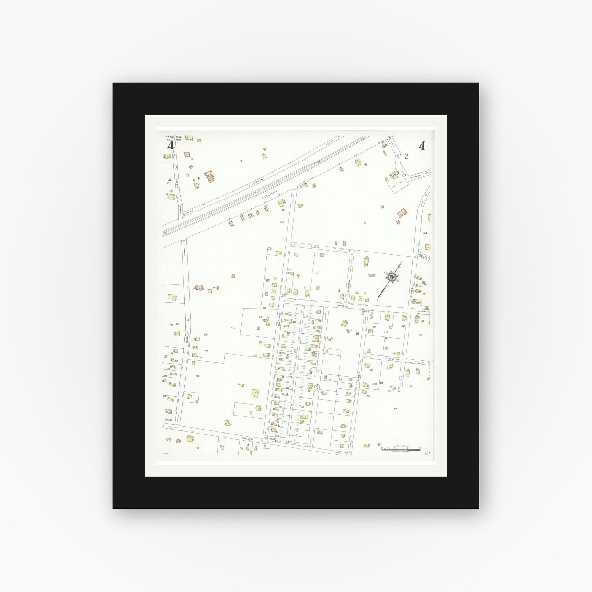 Old map wall art mockup — black gallery frame with white mat — Sanborn Fire Insurance Map from Arp, Smith County, Texas (1939), Sheet #0004