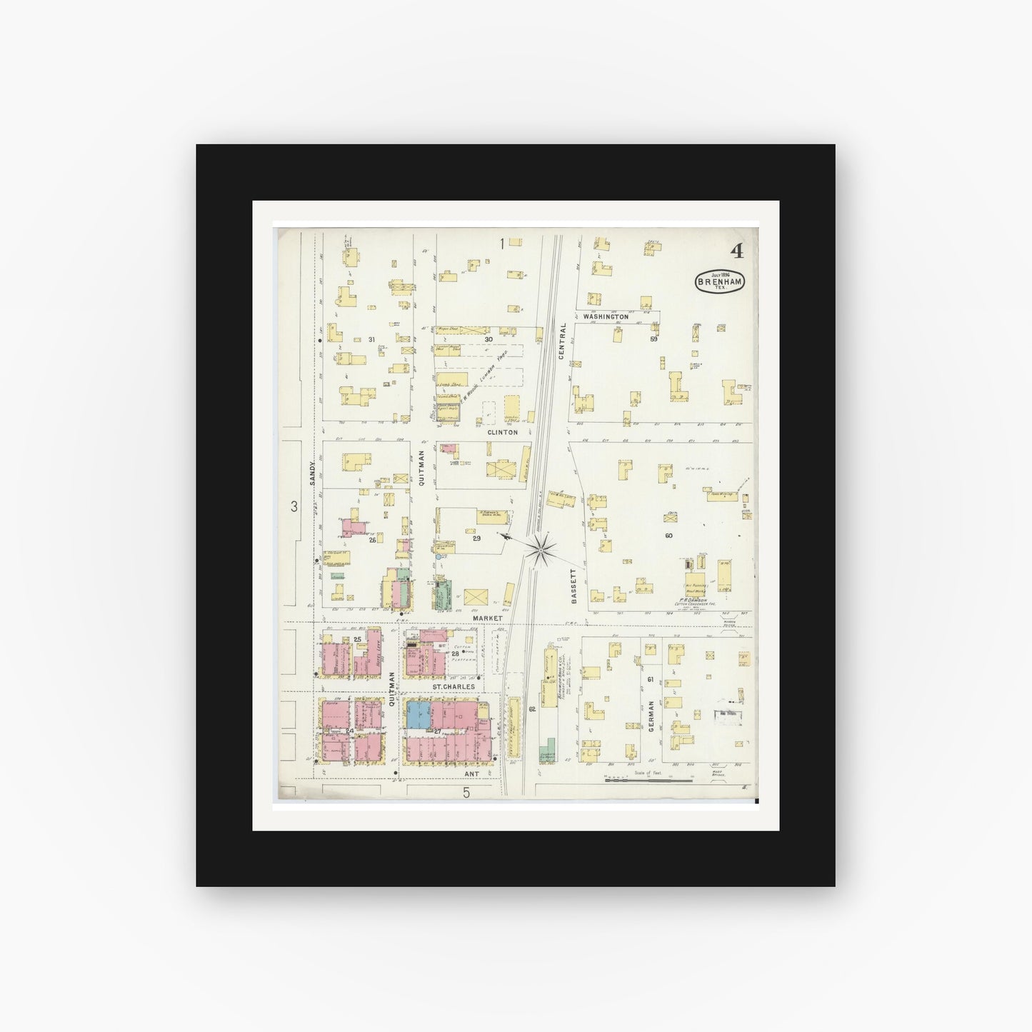 Old map wall art mockup — black gallery frame with white mat — Sanborn Fire Insurance Map from Brenham, Washington County, Texas (1896), Sheet #0004