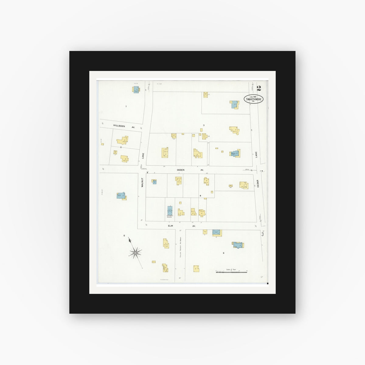 Old map wall art mockup — black gallery frame with white mat — Sanborn Fire Insurance Map from Swarthmore, Delaware County, Pennsylvania (1909), Sheet #0002