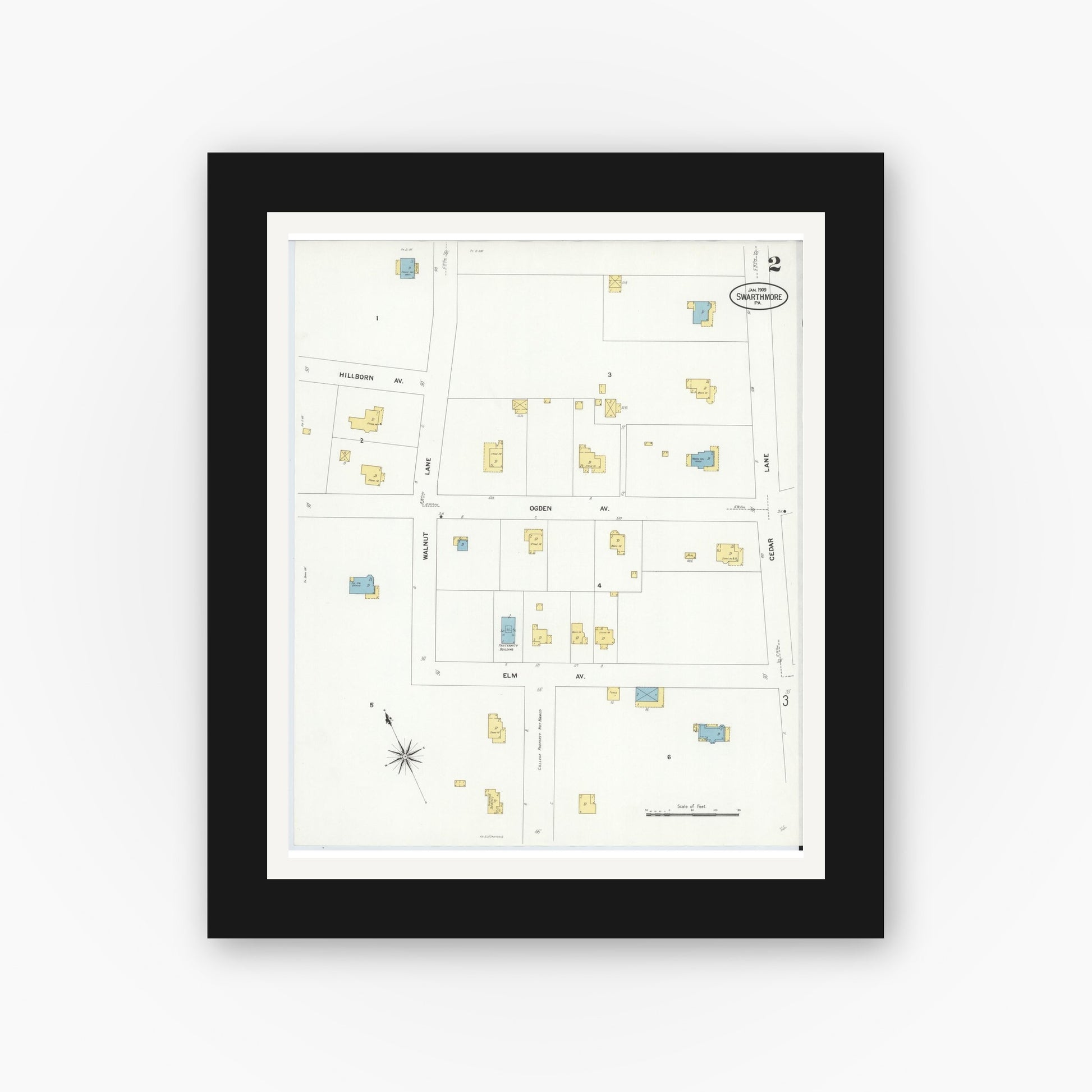 Old map wall art mockup — black gallery frame with white mat — Sanborn Fire Insurance Map from Swarthmore, Delaware County, Pennsylvania (1909), Sheet #0002