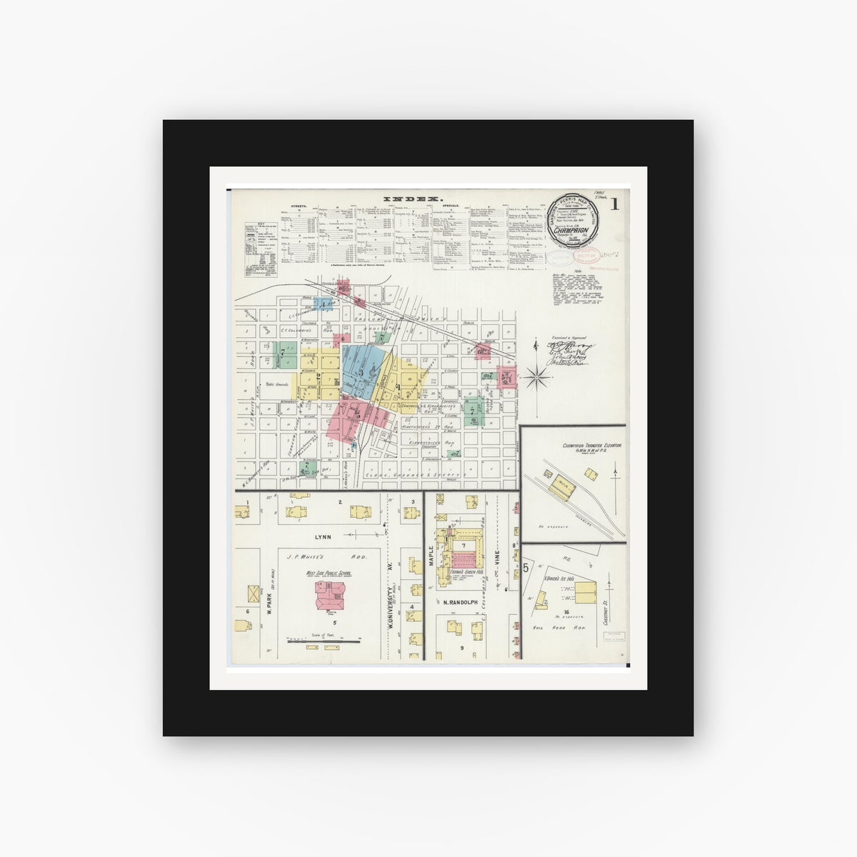 Old map wall art mockup — black gallery frame with white mat — Sanborn Fire Insurance Map from Champaign, Champaign County, Illinois (1897), Sheet #0001