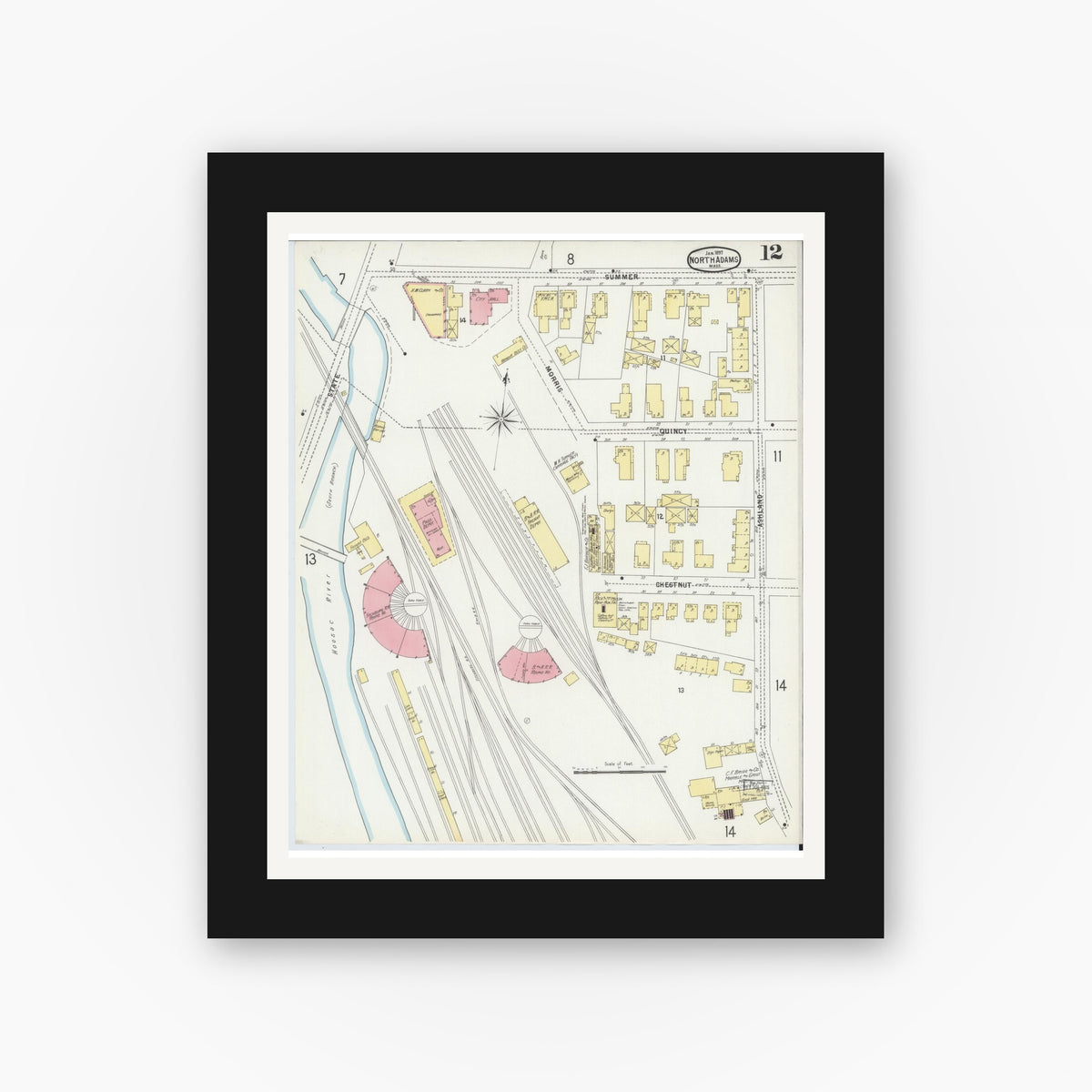 Old map wall art mockup — black gallery frame with white mat — Sanborn Fire Insurance Map from North Adams, Berkshire County, Massachusetts (1897), Sheet #0012