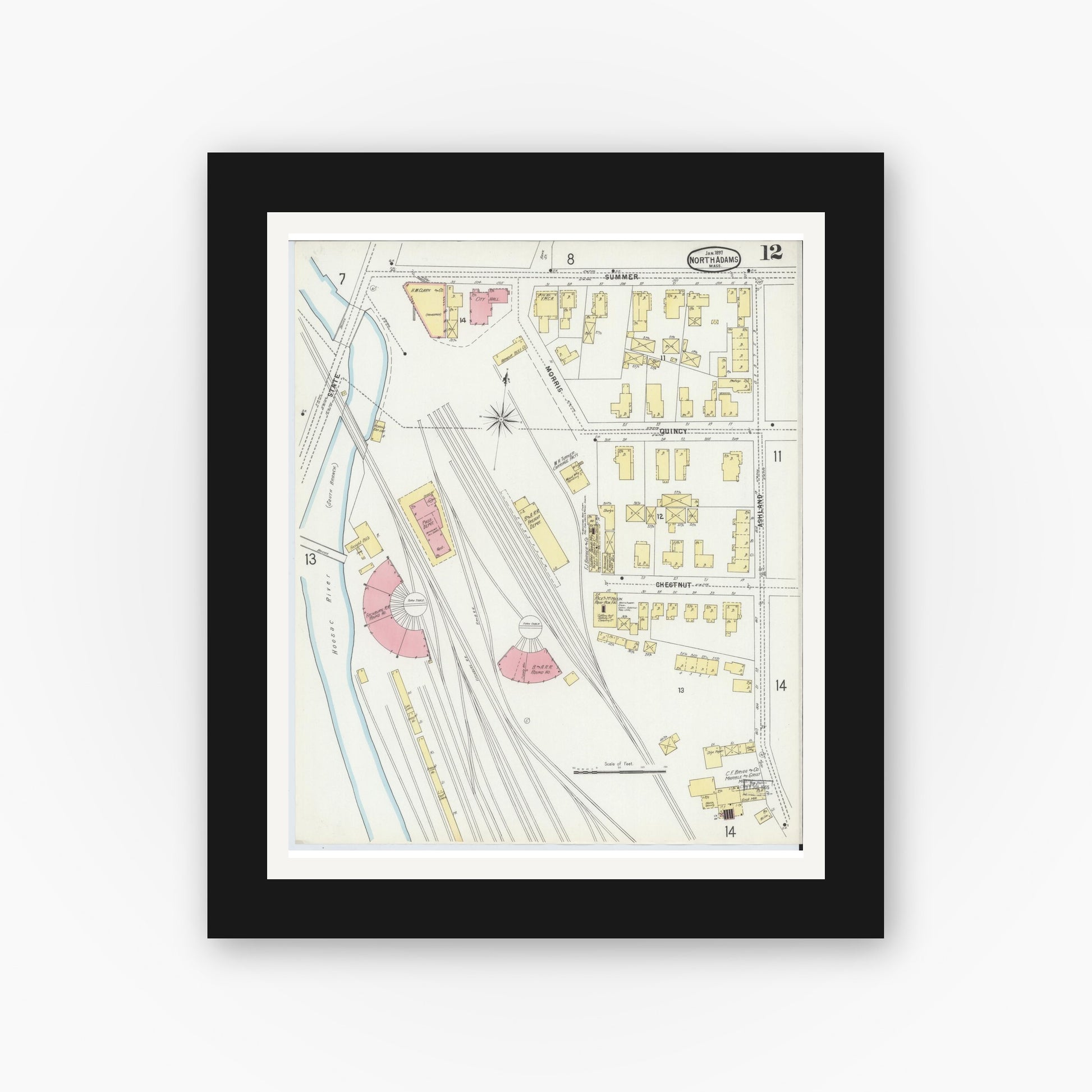 Old map wall art mockup — black gallery frame with white mat — Sanborn Fire Insurance Map from North Adams, Berkshire County, Massachusetts (1897), Sheet #0012