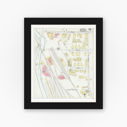 Old map wall art mockup — black gallery frame with white mat — Sanborn Fire Insurance Map from North Adams, Berkshire County, Massachusetts (1897), Sheet #0012