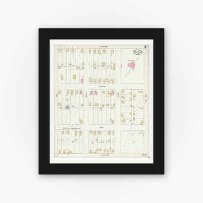 Old map wall art mockup — black gallery frame with white mat — Sanborn Fire Insurance Map from Milford, Kosciusko County, Indiana (1897), Sheet #0004