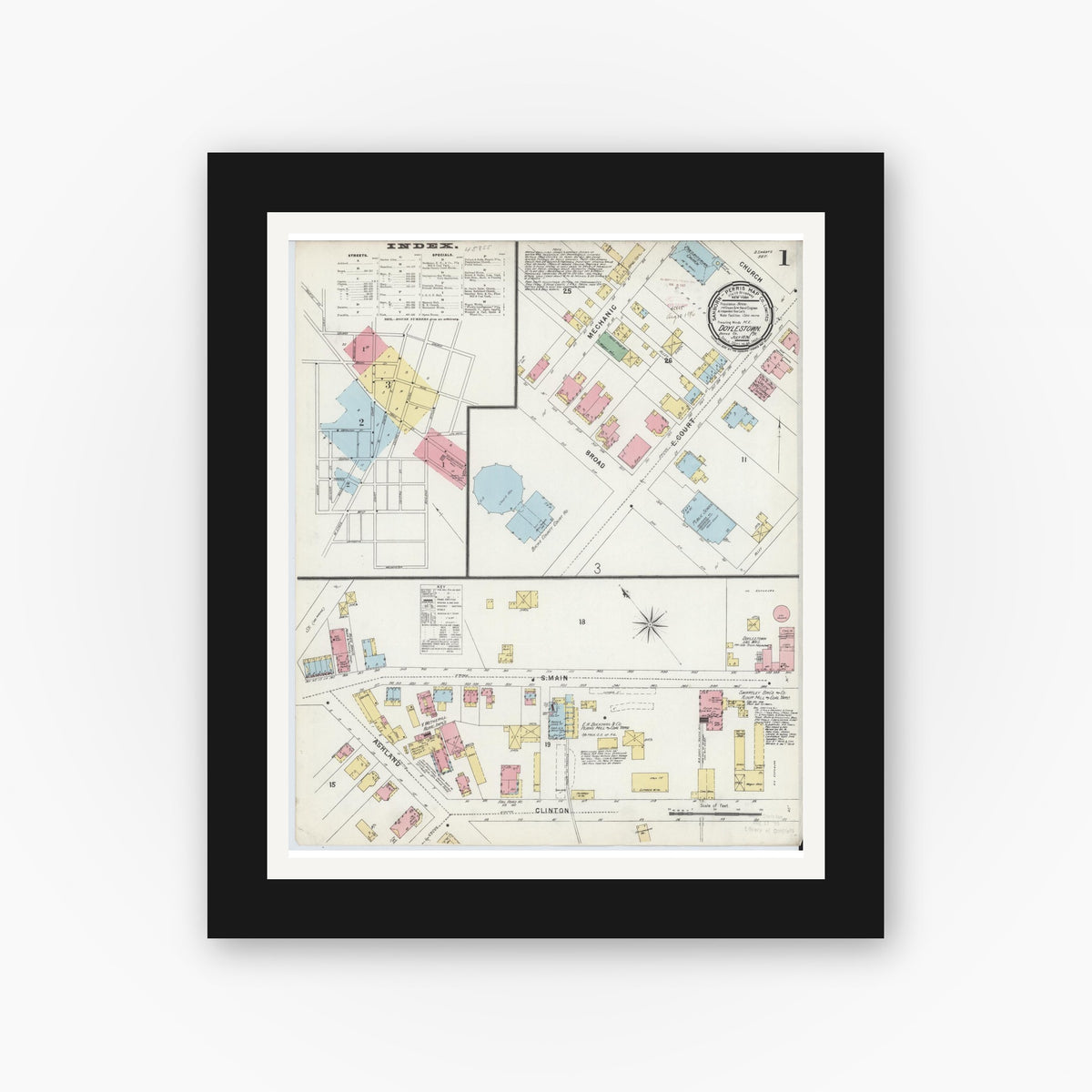 Old map wall art mockup — black gallery frame with white mat — Sanborn Fire Insurance Map from Doylestown, Bucks County, Pennsylvania (1896), Sheet #0001
