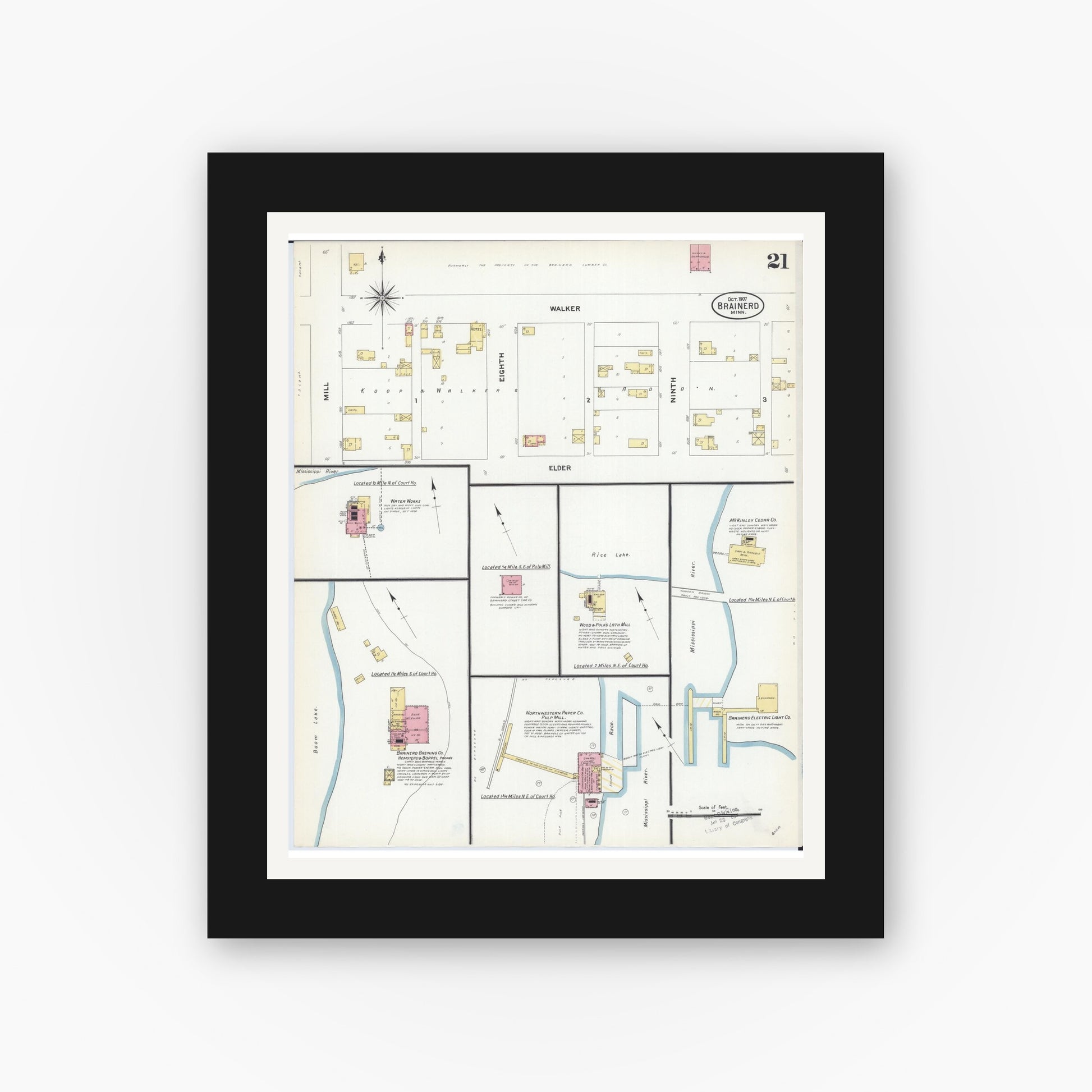 Old map wall art mockup — black gallery frame with white mat — Sanborn Fire Insurance Map from Brainerd, Crow Wing County, Minnesota (1907), Sheet #0021
