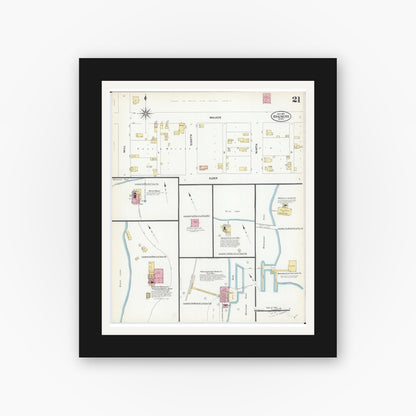 Old map wall art mockup — black gallery frame with white mat — Sanborn Fire Insurance Map from Brainerd, Crow Wing County, Minnesota (1907), Sheet #0021