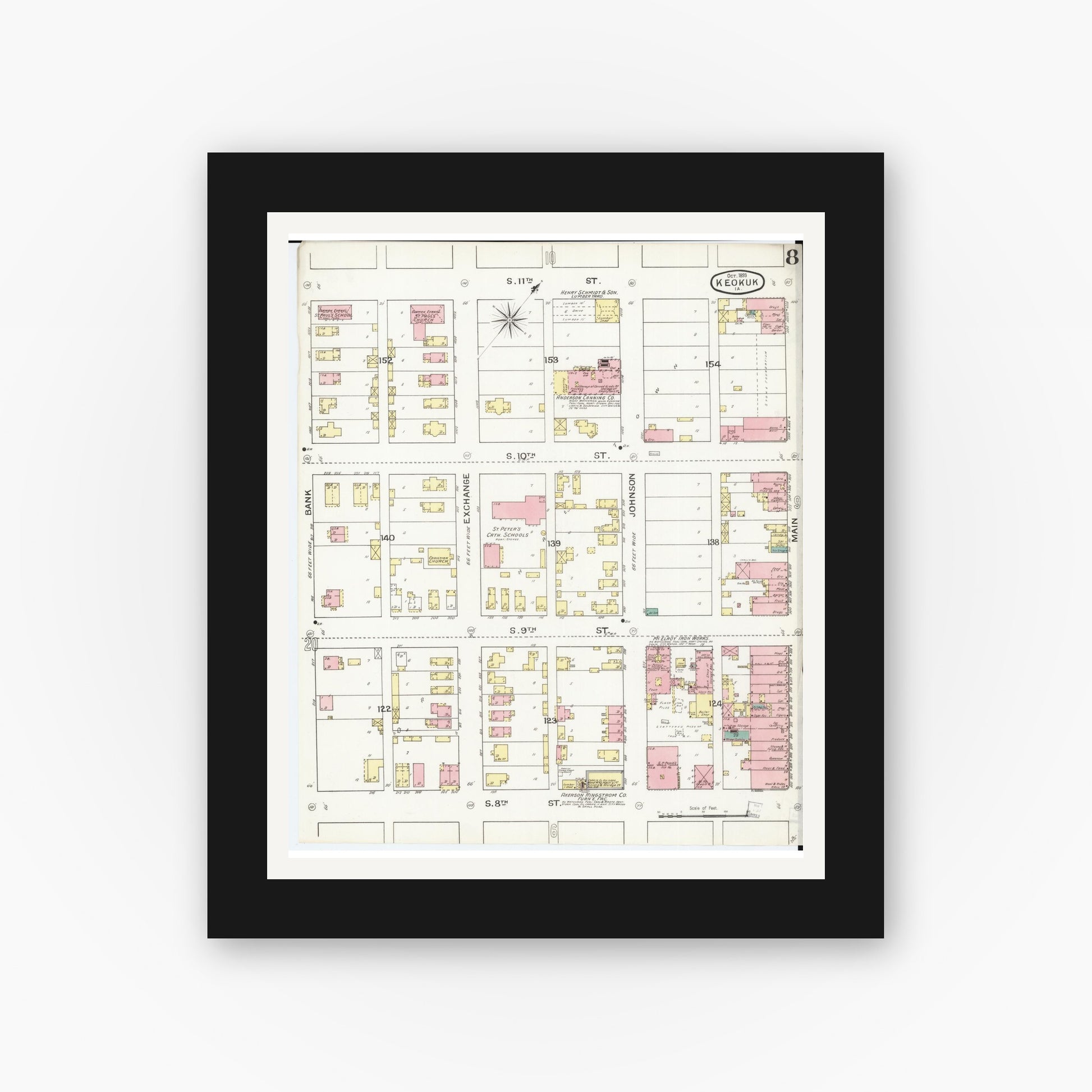 Old map wall art mockup — black gallery frame with white mat — Sanborn Fire Insurance Map from Keokuk, Lee County, Iowa (1893), Sheet #0008