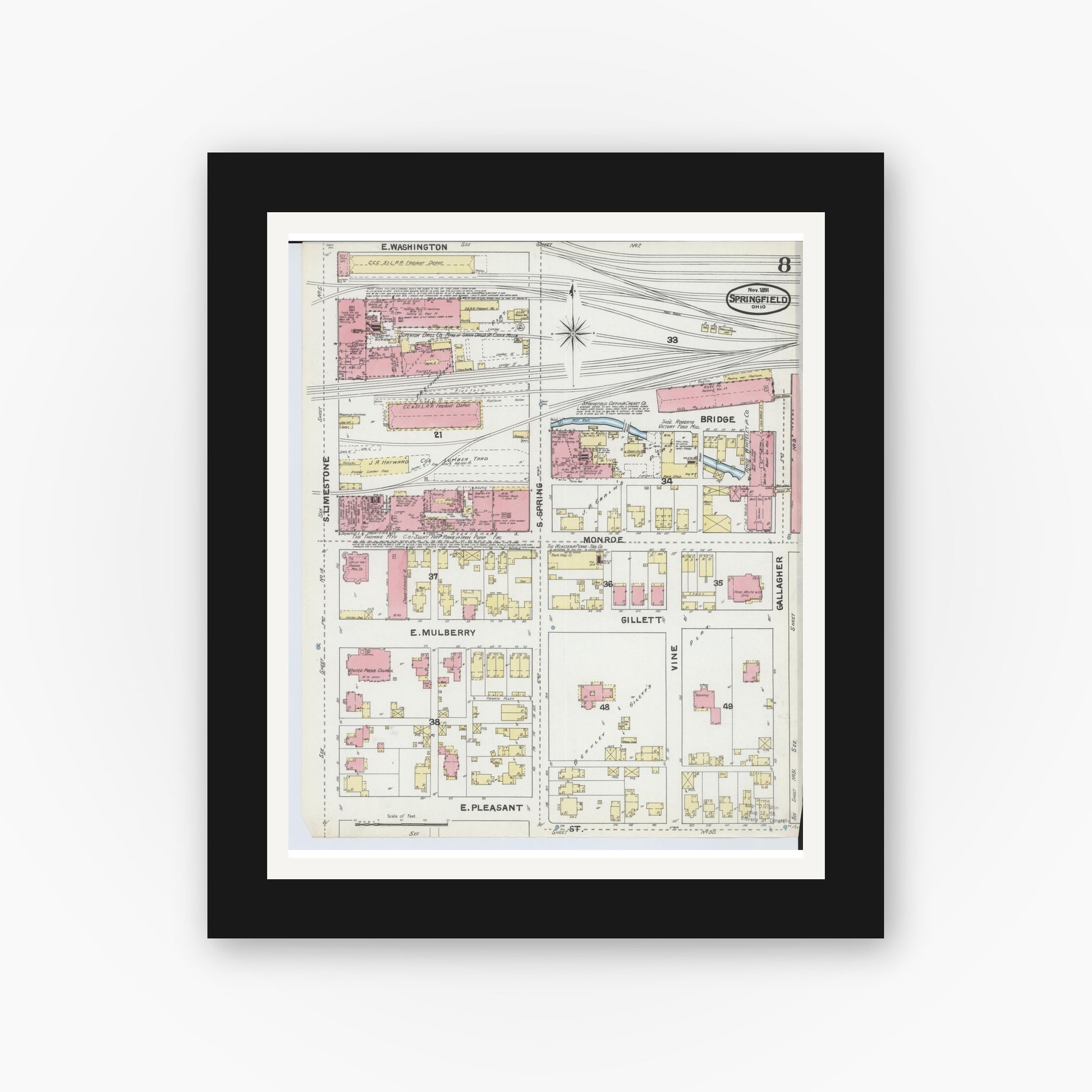 Old map wall art mockup — black gallery frame with white mat — Sanborn Fire Insurance Map from Springfield, Clark County, Ohio (1891), Sheet #0008