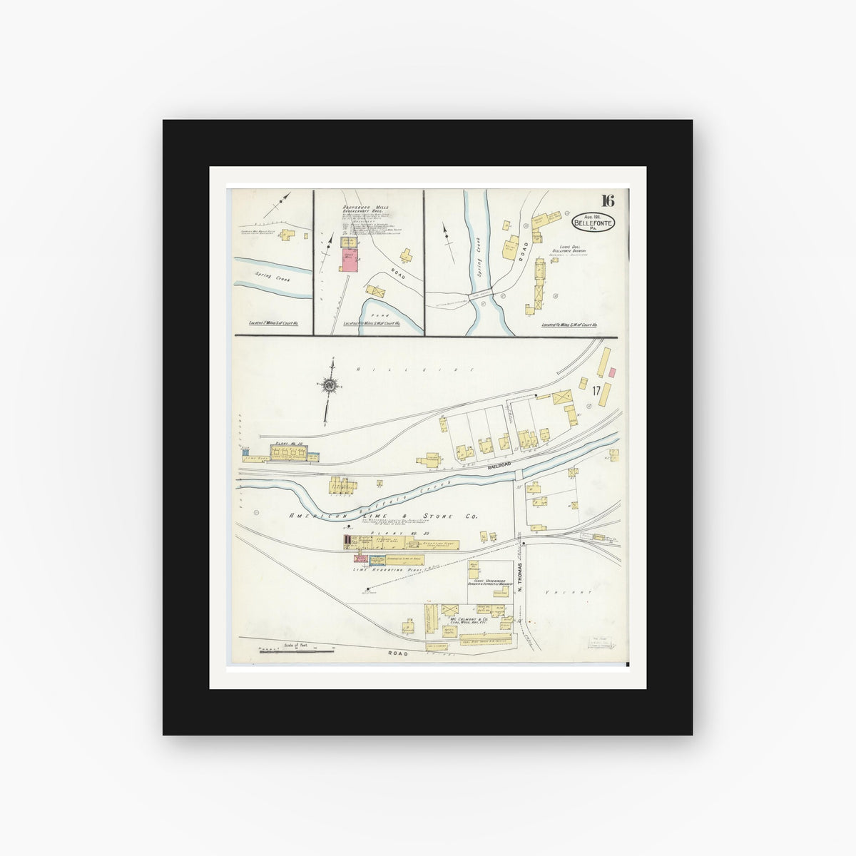 Old map wall art mockup — black gallery frame with white mat — Sanborn Fire Insurance Map from Bellefonte, Centre County, Pennsylvania (1911), Sheet #0016