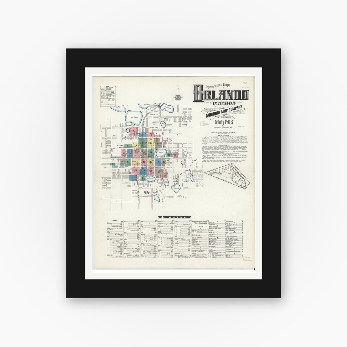 Old map wall art mockup — black gallery frame with white mat — Sanborn Fire Insurance Map from Orlando, Orange County, Florida (1913) - Complete Map Set