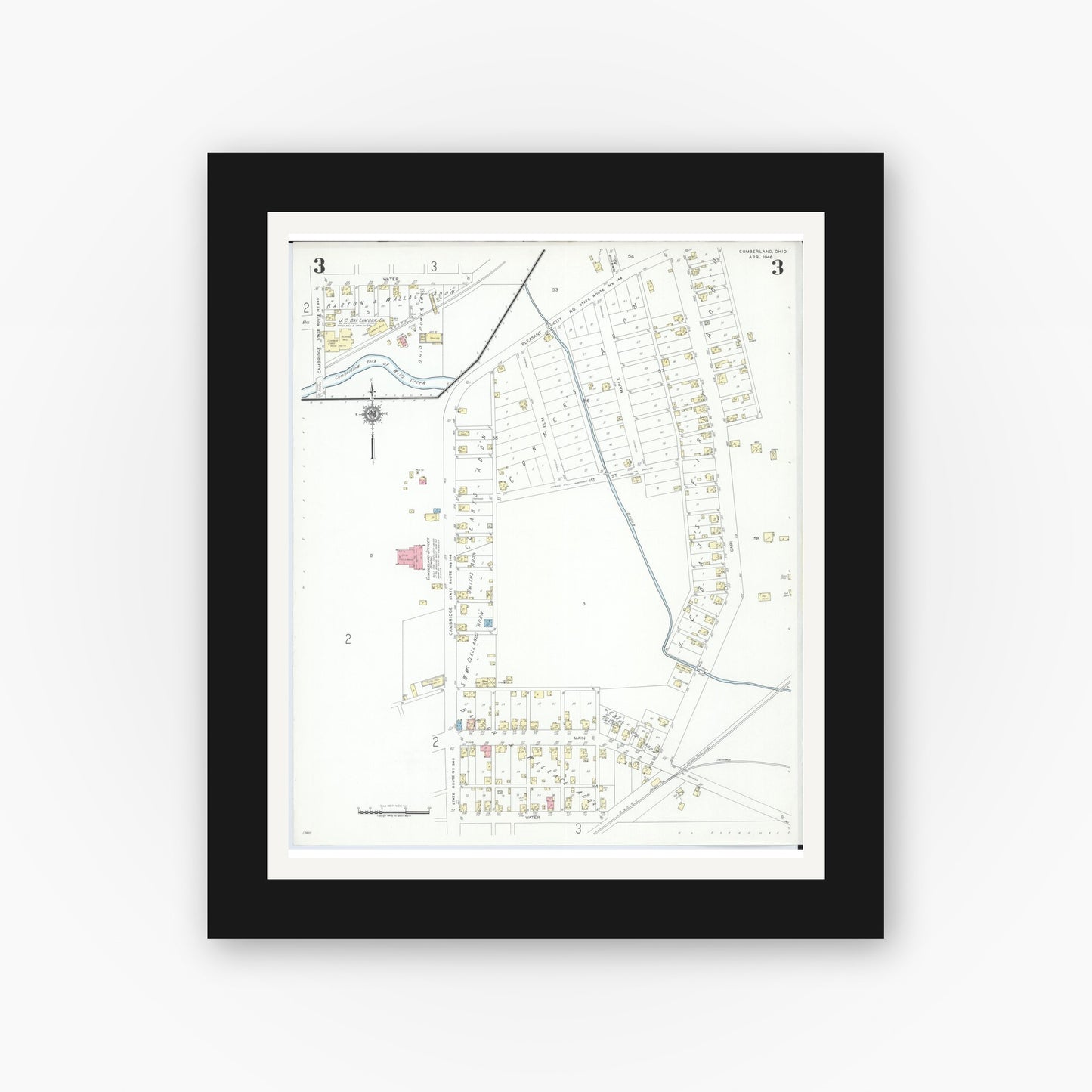 Old map wall art mockup — black gallery frame with white mat — Sanborn Fire Insurance Map from Cumberland, Guernsey County, Ohio (1946), Sheet #0003