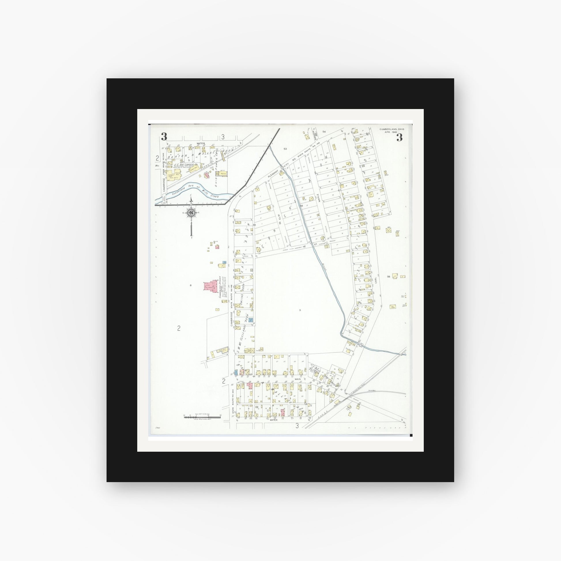 Old map wall art mockup — black gallery frame with white mat — Sanborn Fire Insurance Map from Cumberland, Guernsey County, Ohio (1946), Sheet #0003