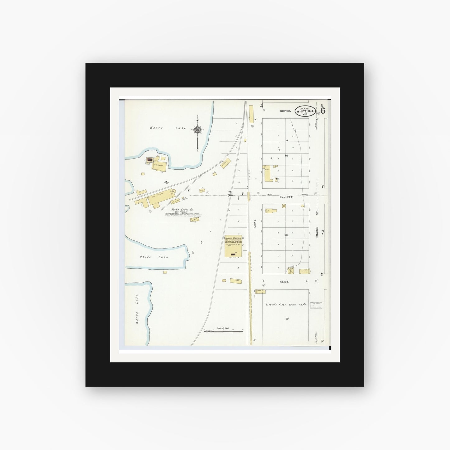 Old map wall art mockup — black gallery frame with white mat — Sanborn Fire Insurance Map from Whitehall, Muskegon County, Michigan (1910), Sheet #0006