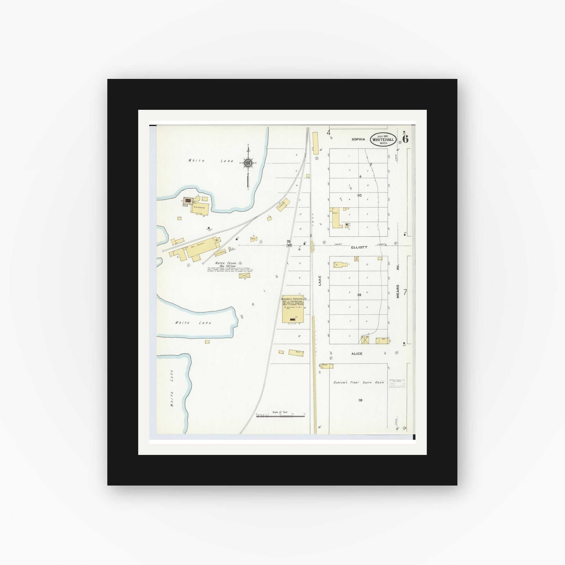 Old map wall art mockup — black gallery frame with white mat — Sanborn Fire Insurance Map from Whitehall, Muskegon County, Michigan (1910), Sheet #0006