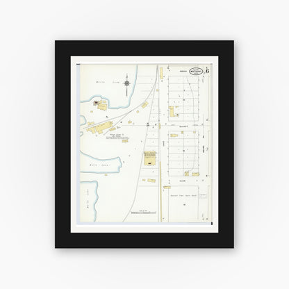 Old map wall art mockup — black gallery frame with white mat — Sanborn Fire Insurance Map from Whitehall, Muskegon County, Michigan (1910), Sheet #0006