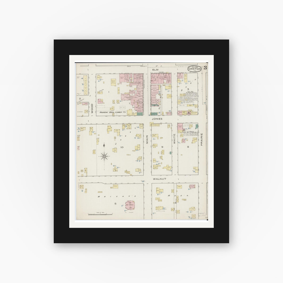 Old map wall art mockup — black gallery frame with white mat — Sanborn Fire Insurance Map from Canton, Fulton County, Illinois (1886), Sheet #0003