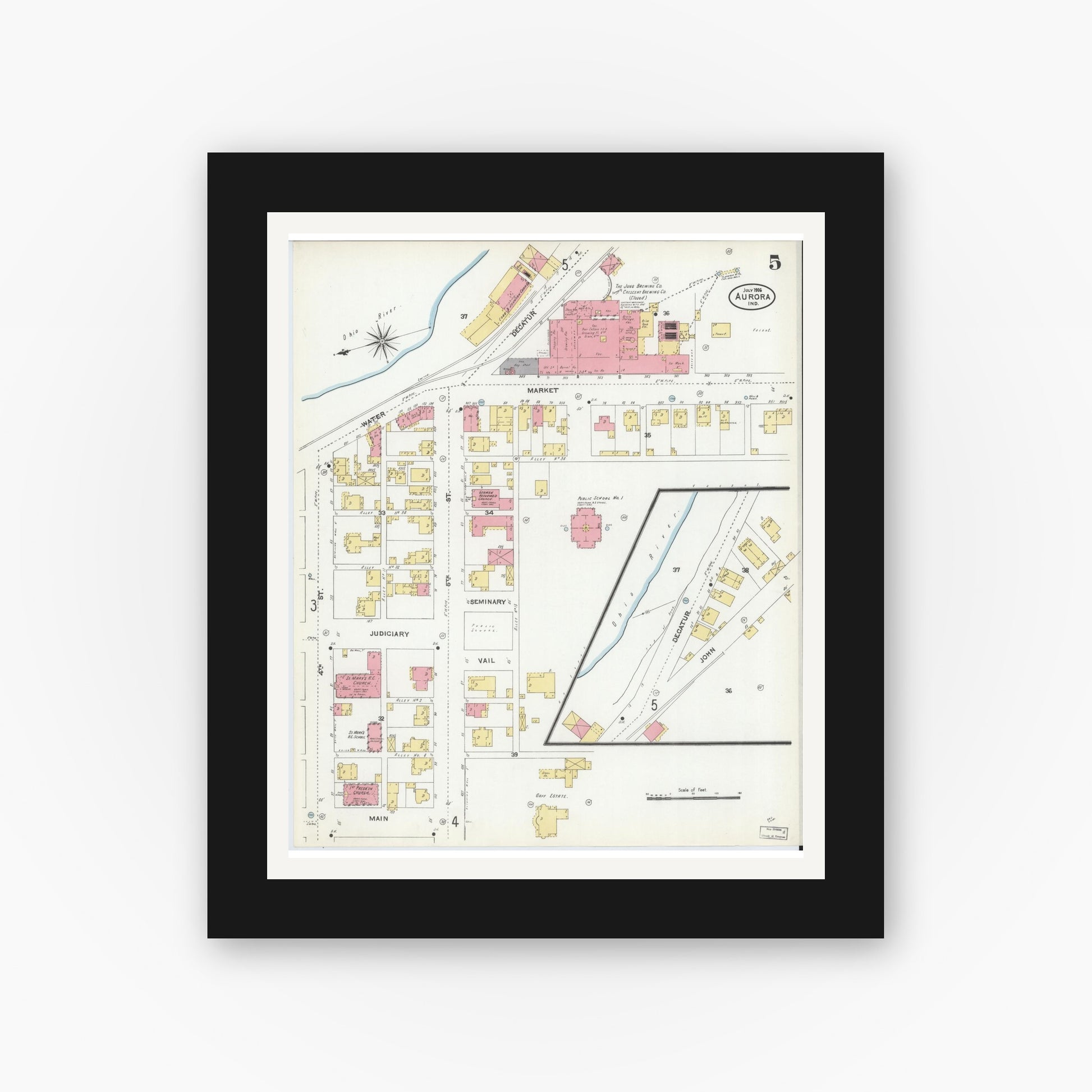 Old map wall art mockup — black gallery frame with white mat — Sanborn Fire Insurance Map from Aurora, Dearborn County, Indiana (1906), Sheet #0005