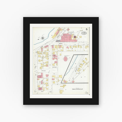 Old map wall art mockup — black gallery frame with white mat — Sanborn Fire Insurance Map from Aurora, Dearborn County, Indiana (1906), Sheet #0005