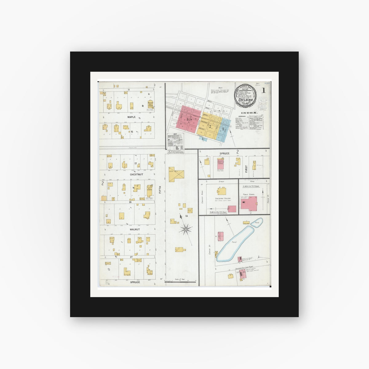 Old map wall art mockup — black gallery frame with white mat — Sanborn Fire Insurance Map from Shelbina, Shelby County, Missouri (1900), Sheet #0001