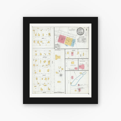 Old map wall art mockup — black gallery frame with white mat — Sanborn Fire Insurance Map from Shelbina, Shelby County, Missouri (1900), Sheet #0001