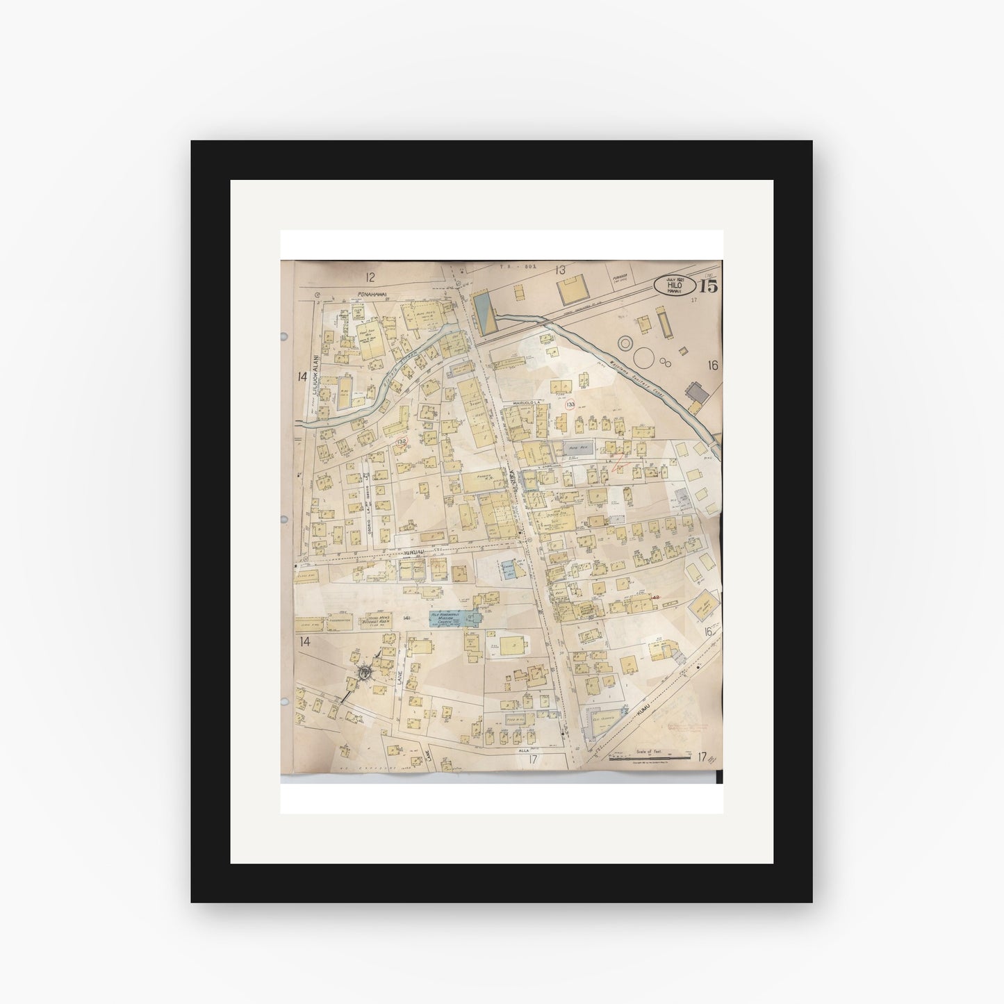 Old map wall art mockup — black gallery frame with white mat — Sanborn Fire Insurance Map from Hilo, Hawaii County, Hawaii (1957), Sheet #0015