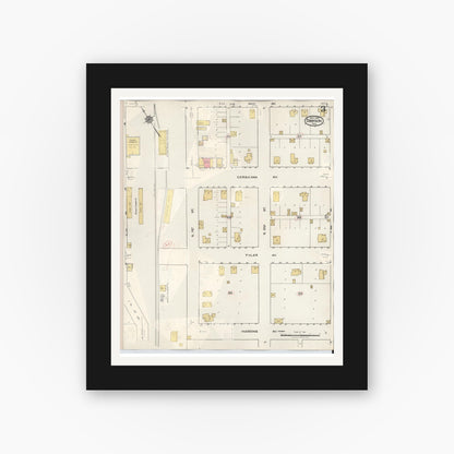 Old map wall art mockup — black gallery frame with white mat — Sanborn Fire Insurance Map from Dawson, Navarro County, Texas (1943), Sheet #0003
